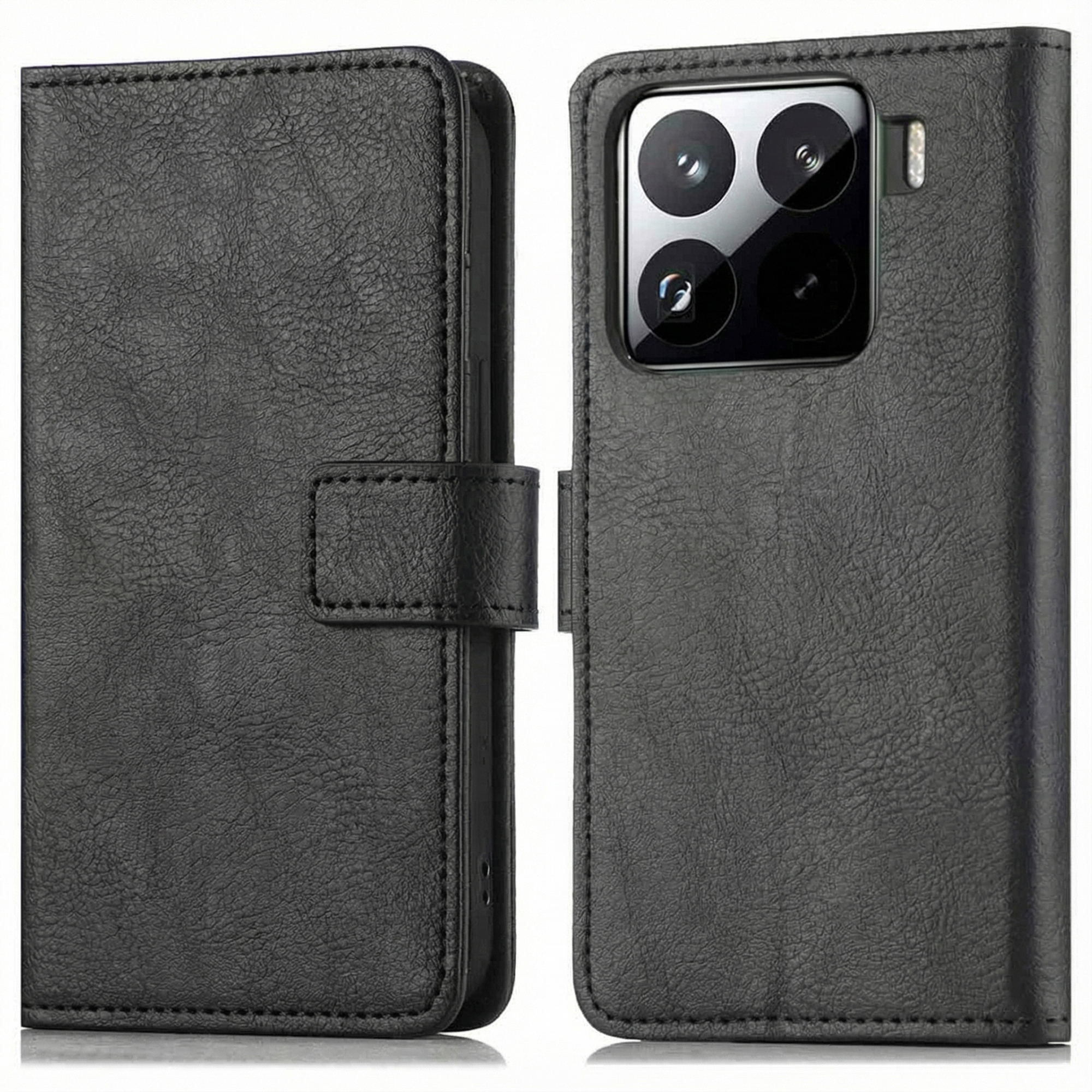 Étui de téléphone en cuir noir, ouvert. Il montre le téléphone et l'intérieur de l'étui. L'étui a une fermeture magnétique.