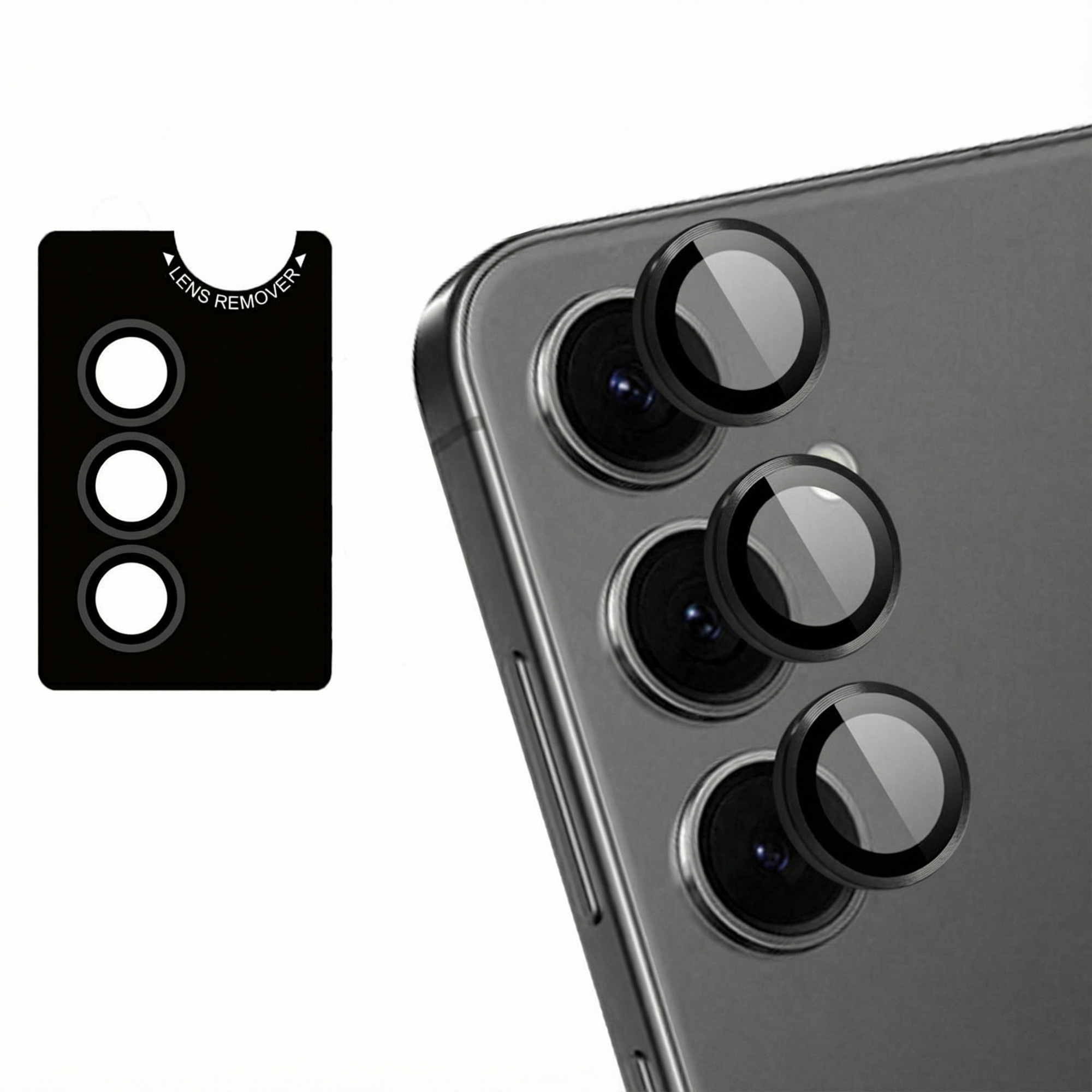Téléphone avec des protecteurs d'objectif en cours d'application. Un outil noir à gauche, étiqueté 'Lens Remover'.