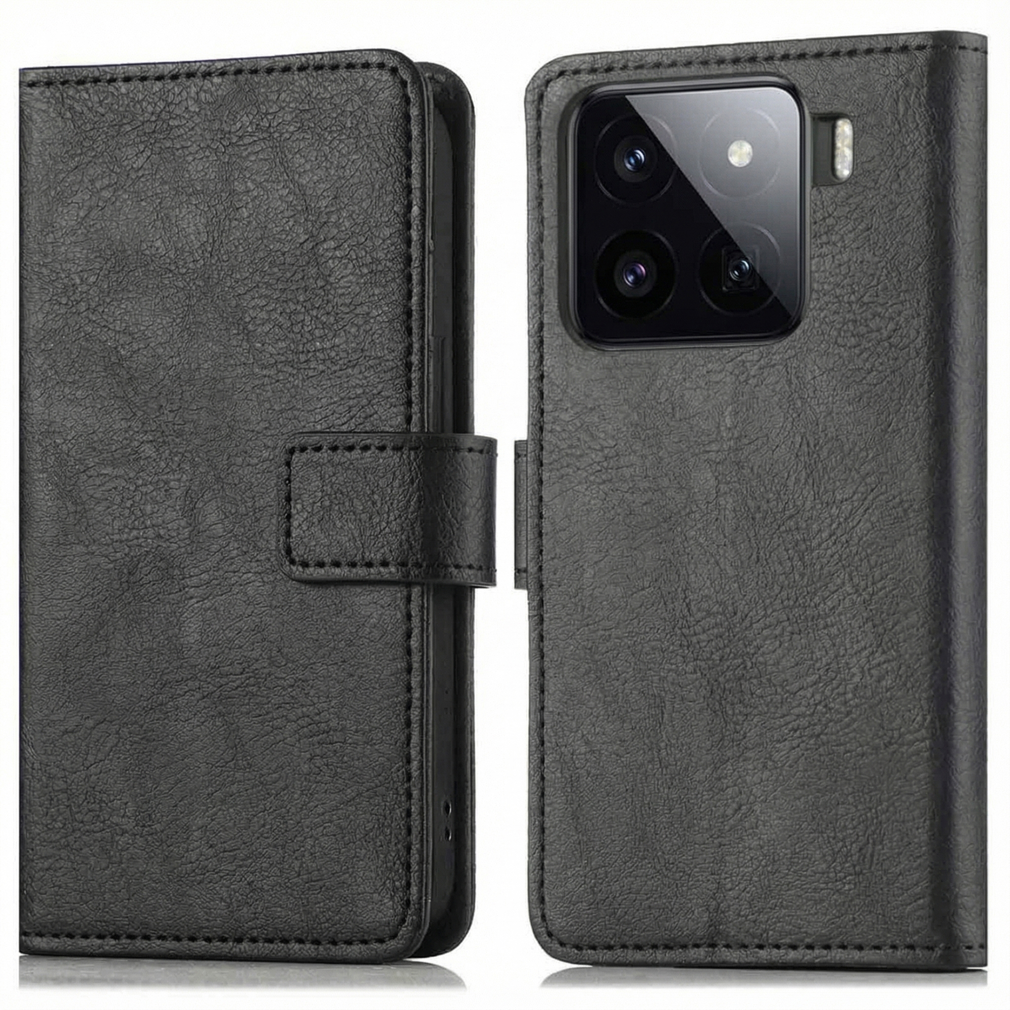 Zwarte leren telefoonhoes met flapsluiting, de camera van de telefoon is rechts zichtbaar.