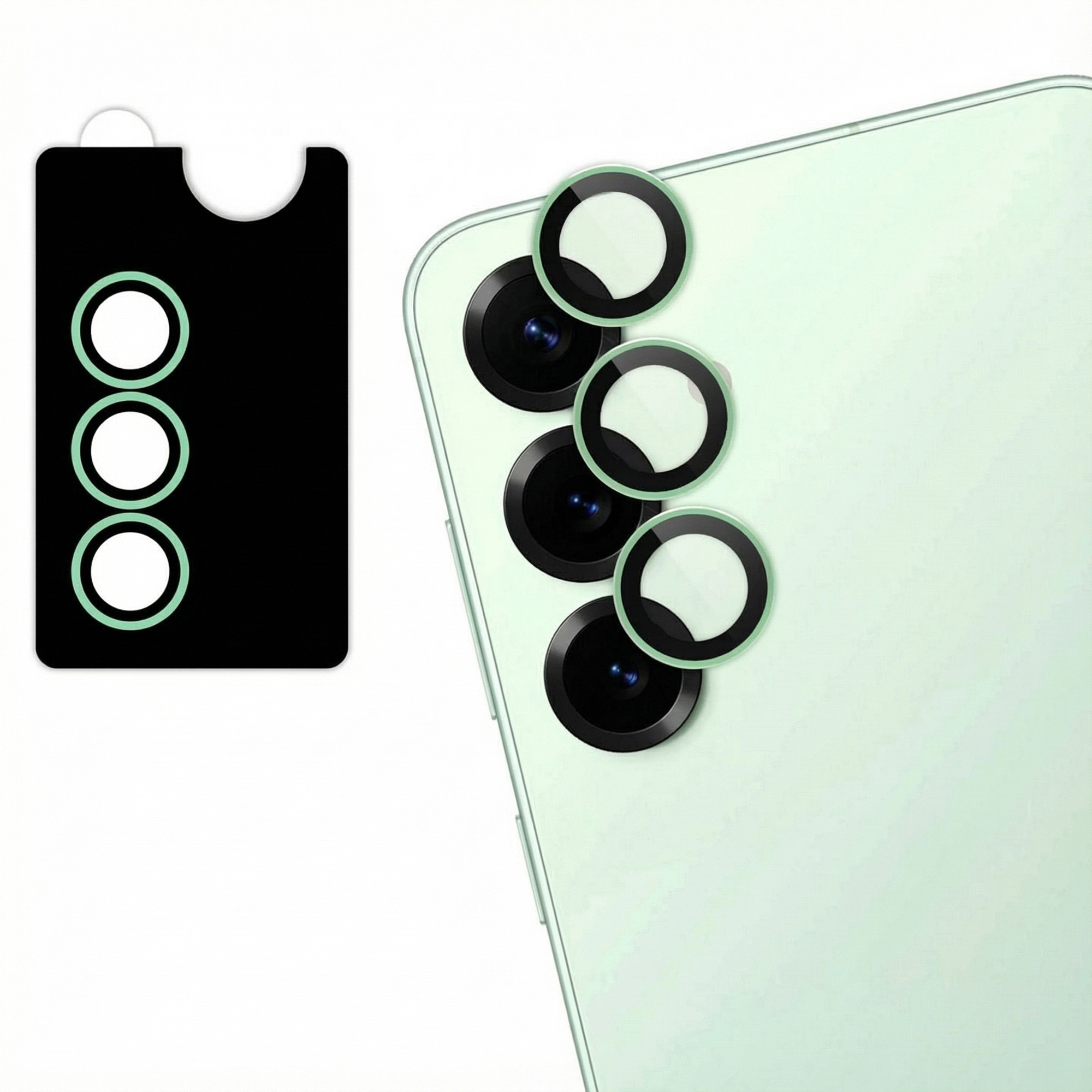Een telefoon met lensbeschermers. Zwarte hoes met drie cirkels, telefoon met drie cameralenzen en beschermringen.