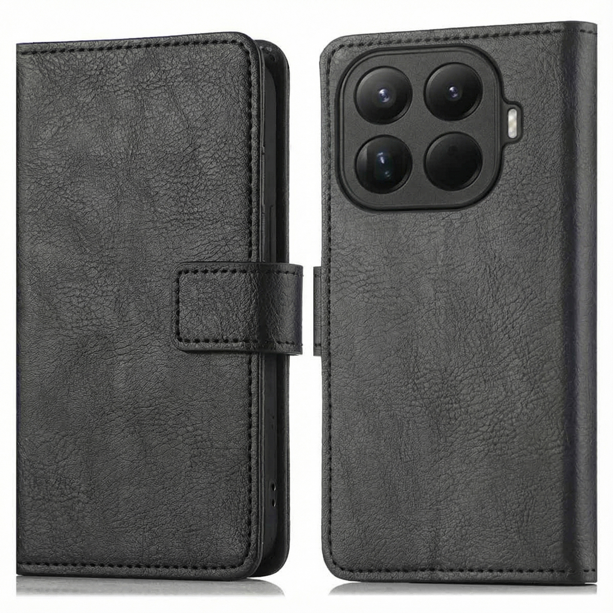 Étui de téléphone en cuir noir, ouvert. Le côté gauche a un rabat, le droit un module caméra avec 4 lentilles.