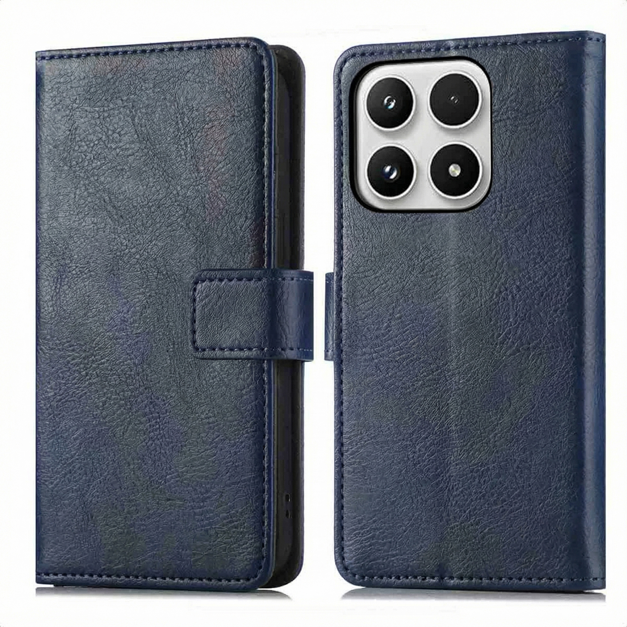 Una custodia per telefono in pelle blu, aperta per rivelare il supporto del telefono con le lenti della fotocamera.