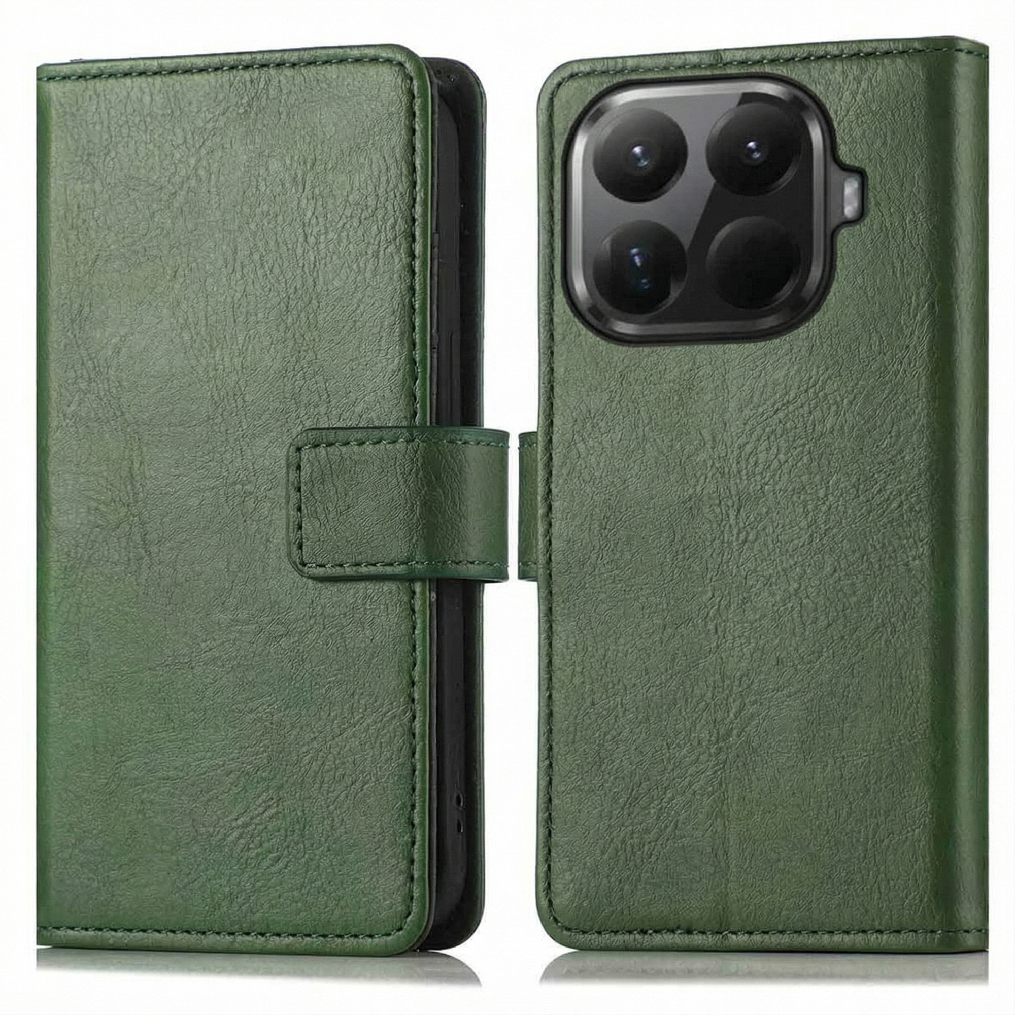 Groene leren telefoonhoes, met een flap en magnetische sluiting, open om de telefoonhouder met cameralenzen te onthullen.