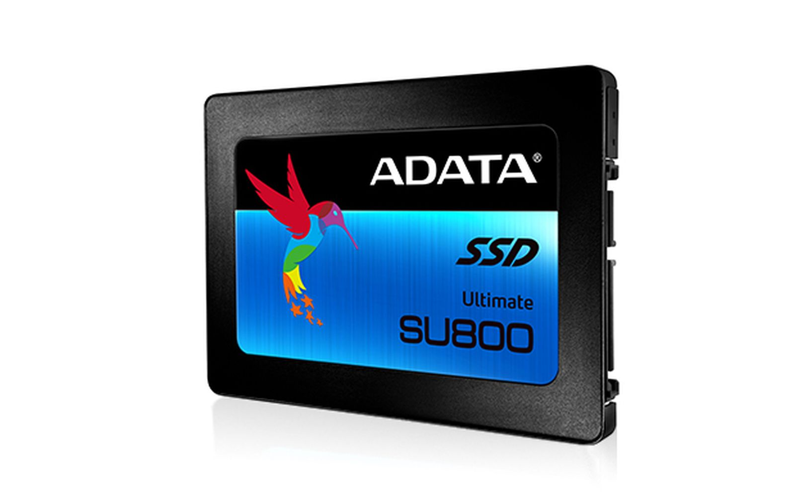 Czarny dysk SSD ADATA z logo kolibra. Niebieska etykieta z białym tekstem. Białe tło.