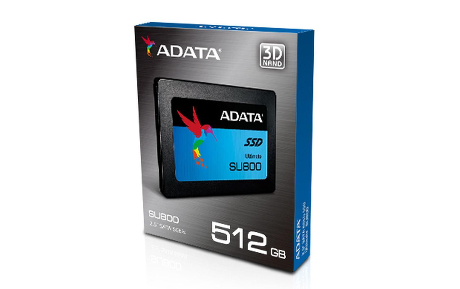Pudełko ADATA SSD SU800. Kolory czarny i niebieski. Zawiera dysk SSD, słowa ADATA, SSD i 512 GB.