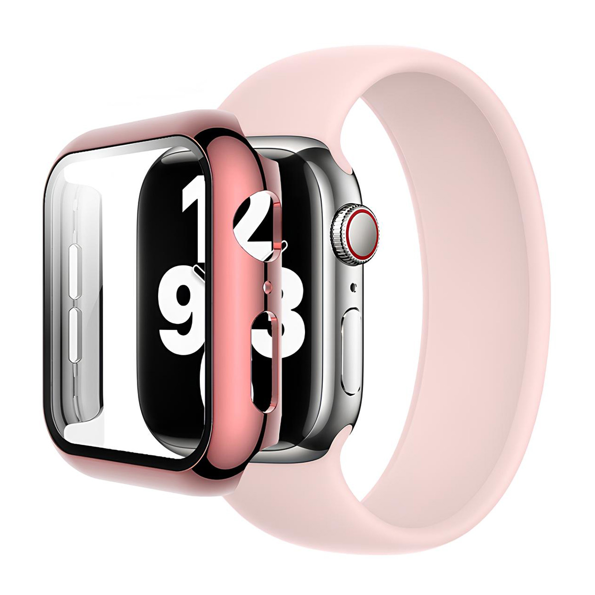 Un Apple Watch oro rosa con cinturino rosa. Lo schermo mostra l'ora. Custodia protettiva attorno al quadrante.