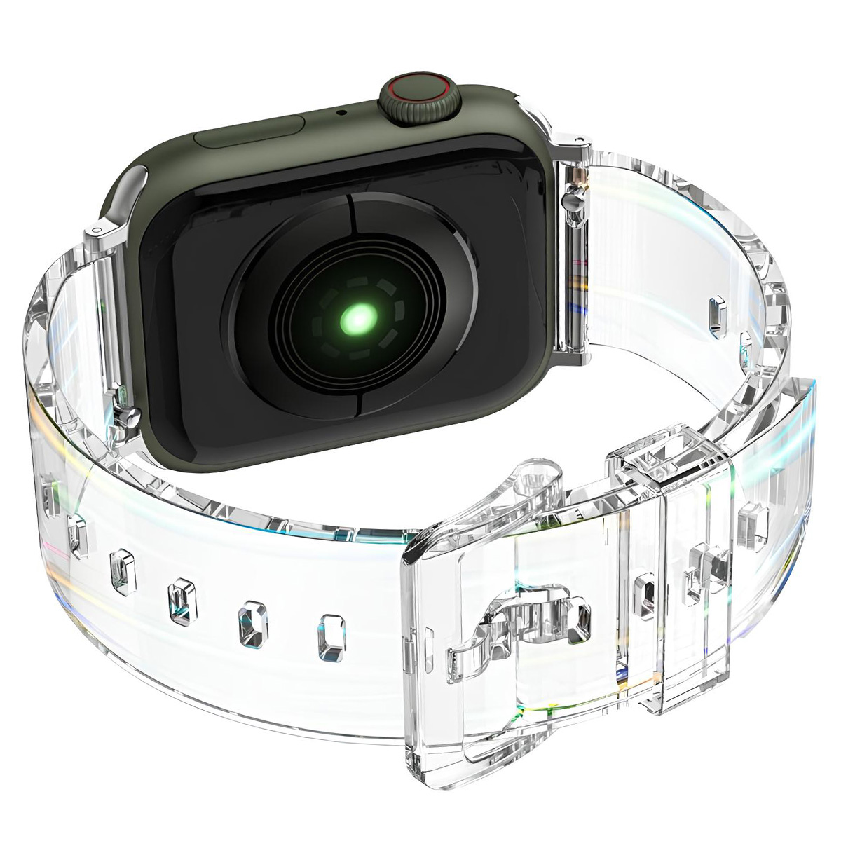 Un Apple Watch con una correa transparente. La esfera es negra y el cuerpo verde.