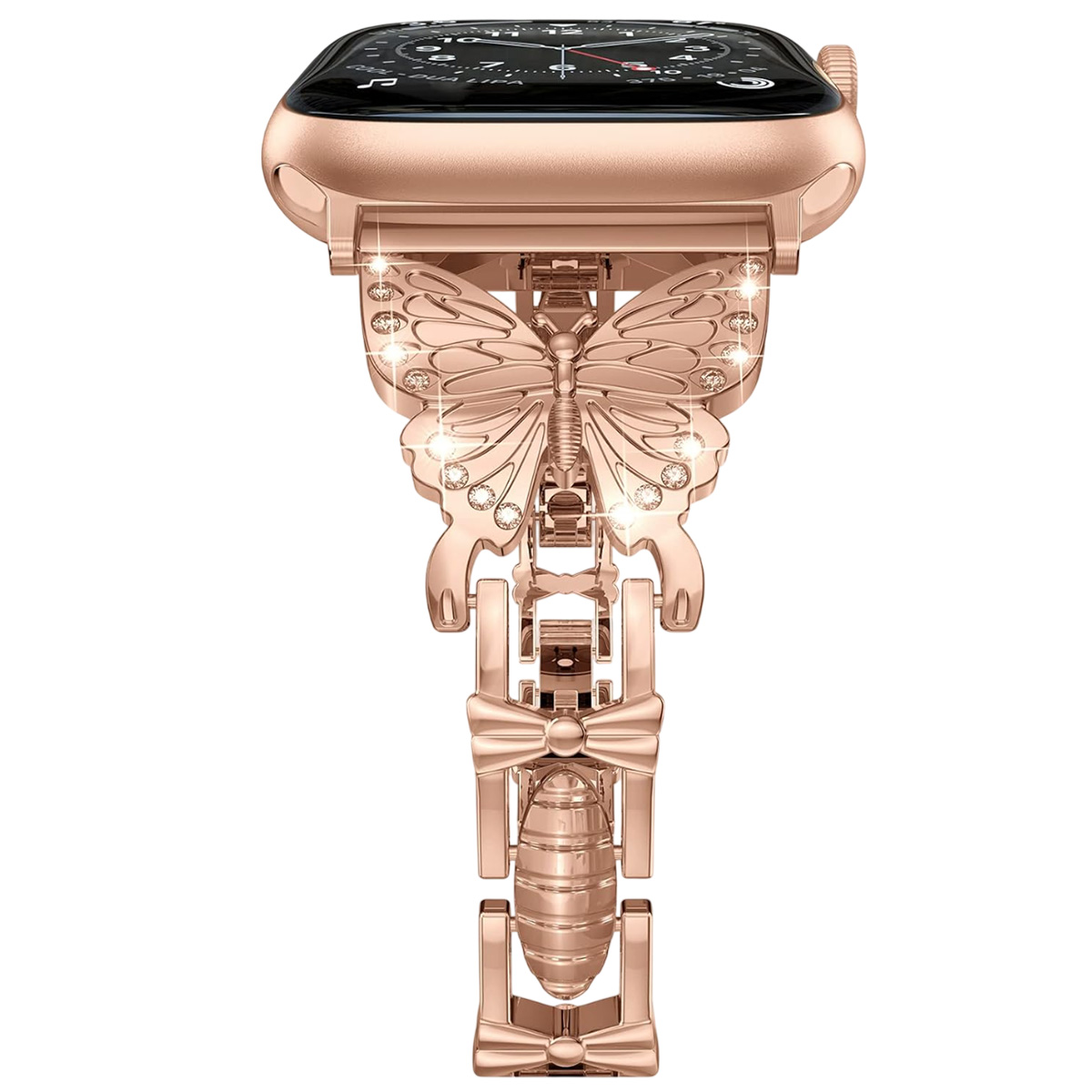 Apple Watch de oro rosa con una correa en forma de mariposa y detalles de lazo.