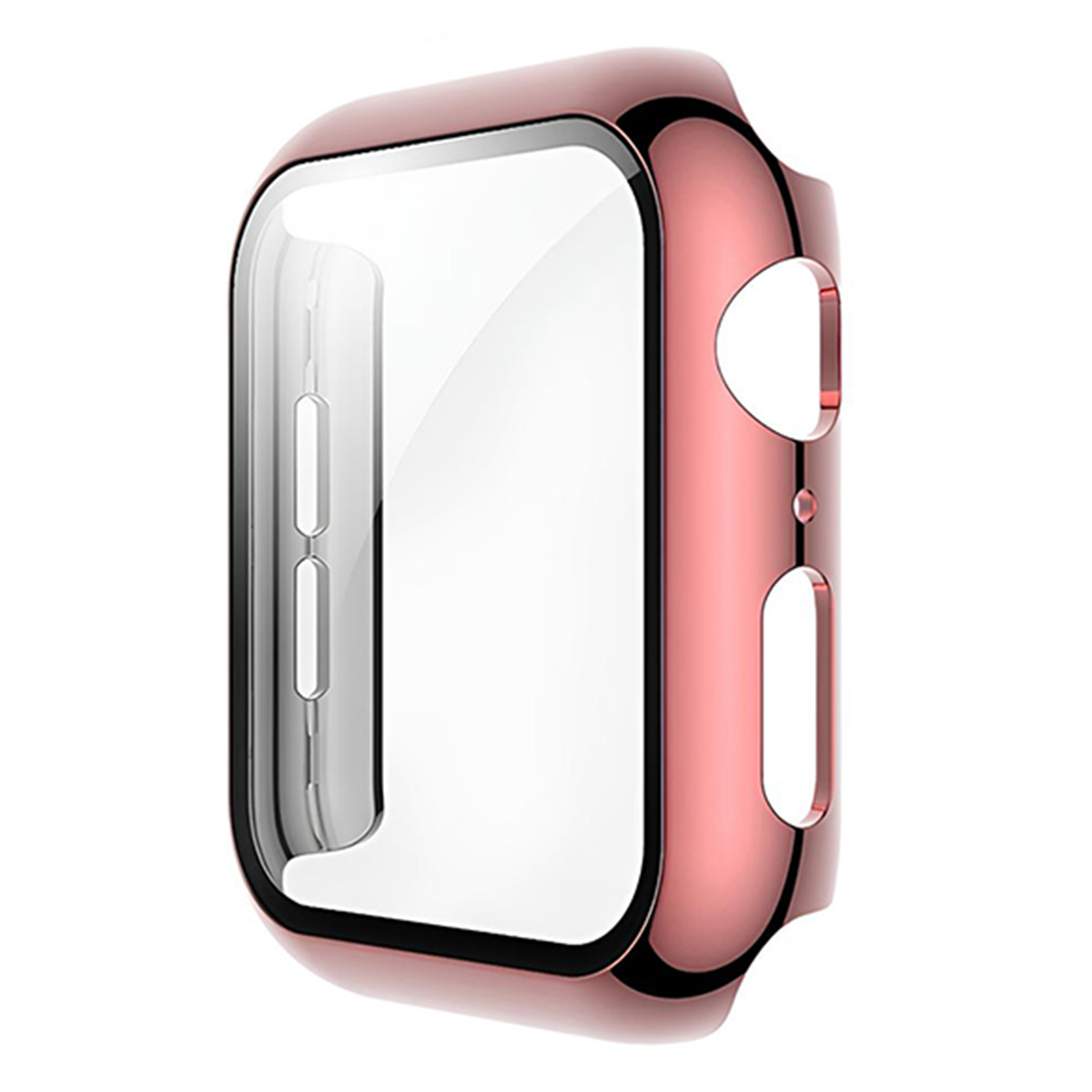 Custodia Apple Watch oro rosa. Protezione schermo trasparente. Due fori per pulsanti e un piccolo foro laterale. Lucido e riflettente.