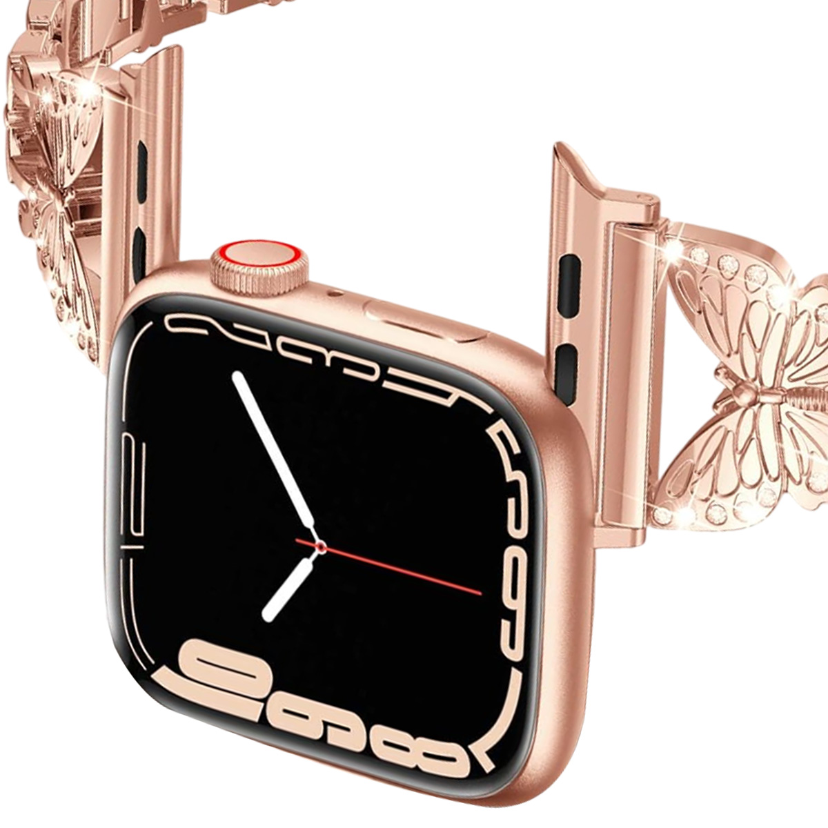 Apple Watch oro rosa con pantalla negra, manecillas blancas y pulsera de mariposa.