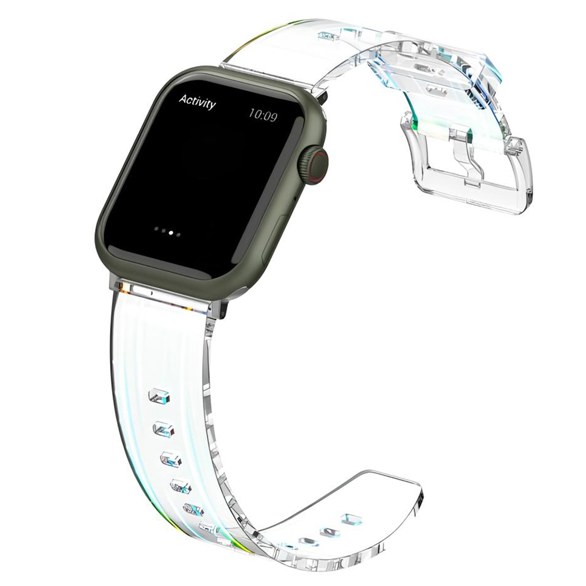 Un reloj inteligente verde oliva con una correa transparente. La pantalla muestra 'Actividad' y la hora. La correa tiene una hebilla.