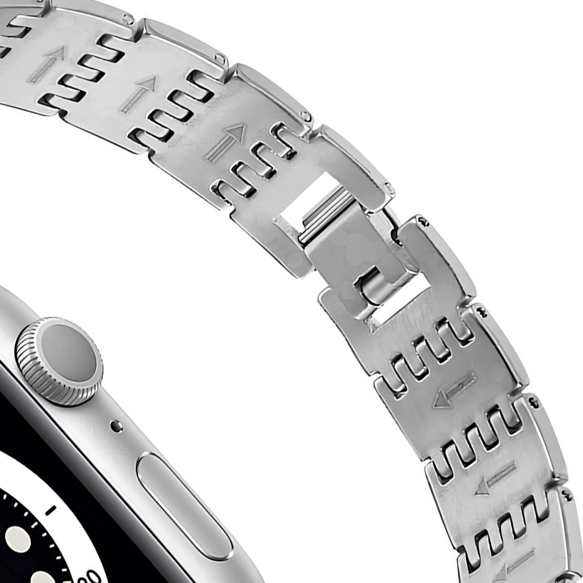 Apple Watch argento con cinturino in metallo. Il cinturino è composto da maglie rettangolari collegate. Il quadrante è visibile.