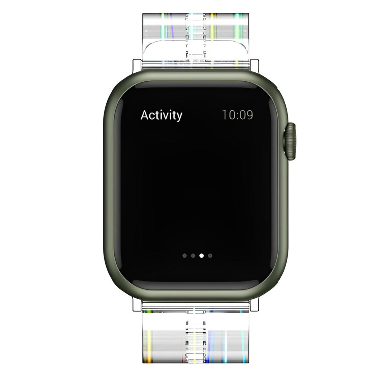 Un Apple Watch muestra 'Actividad' y '10:09' en su pantalla negra. Tiene una caja verde y una correa transparente y colorida.