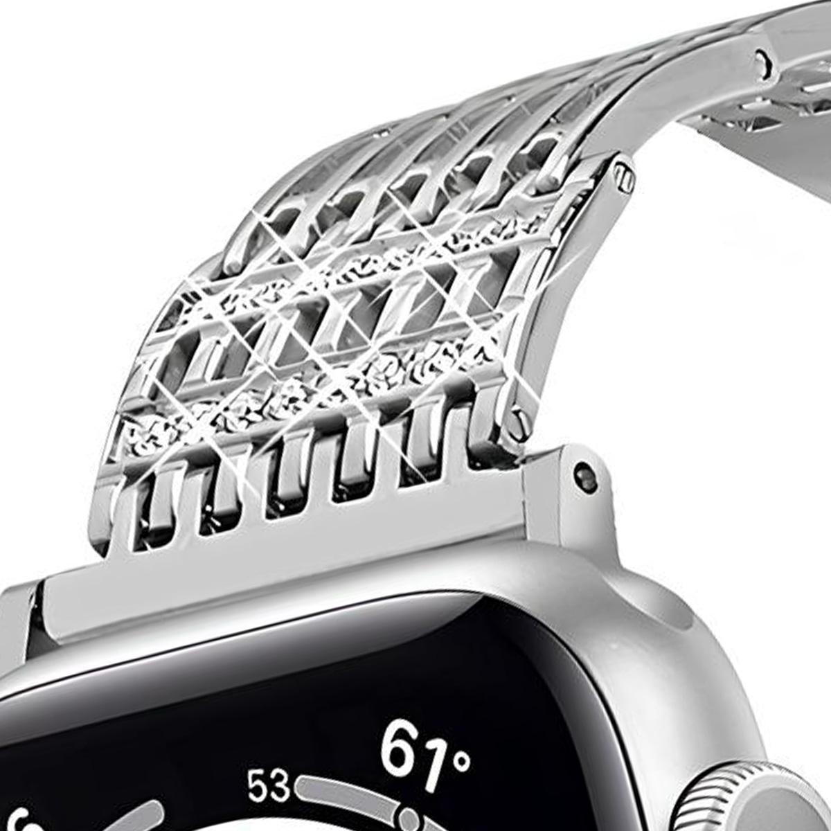 Primo piano di un orologio d'argento con cinturino decorativo. Il quadrante mostra l'ora e la temperatura. Il cinturino ha un motivo geometrico.