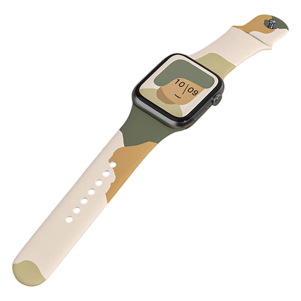 Un orologio intelligente con cinturino a fantasia mimetica è in mostra. Il quadrante mostra un design semplice con la data 10/09.