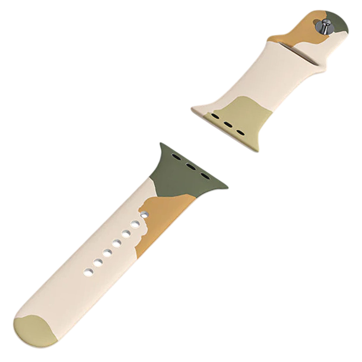 Due cinturini per orologio mimetici staccati. Colori: beige, verde oliva e marrone. Uno ha fori, l'altro un perno.