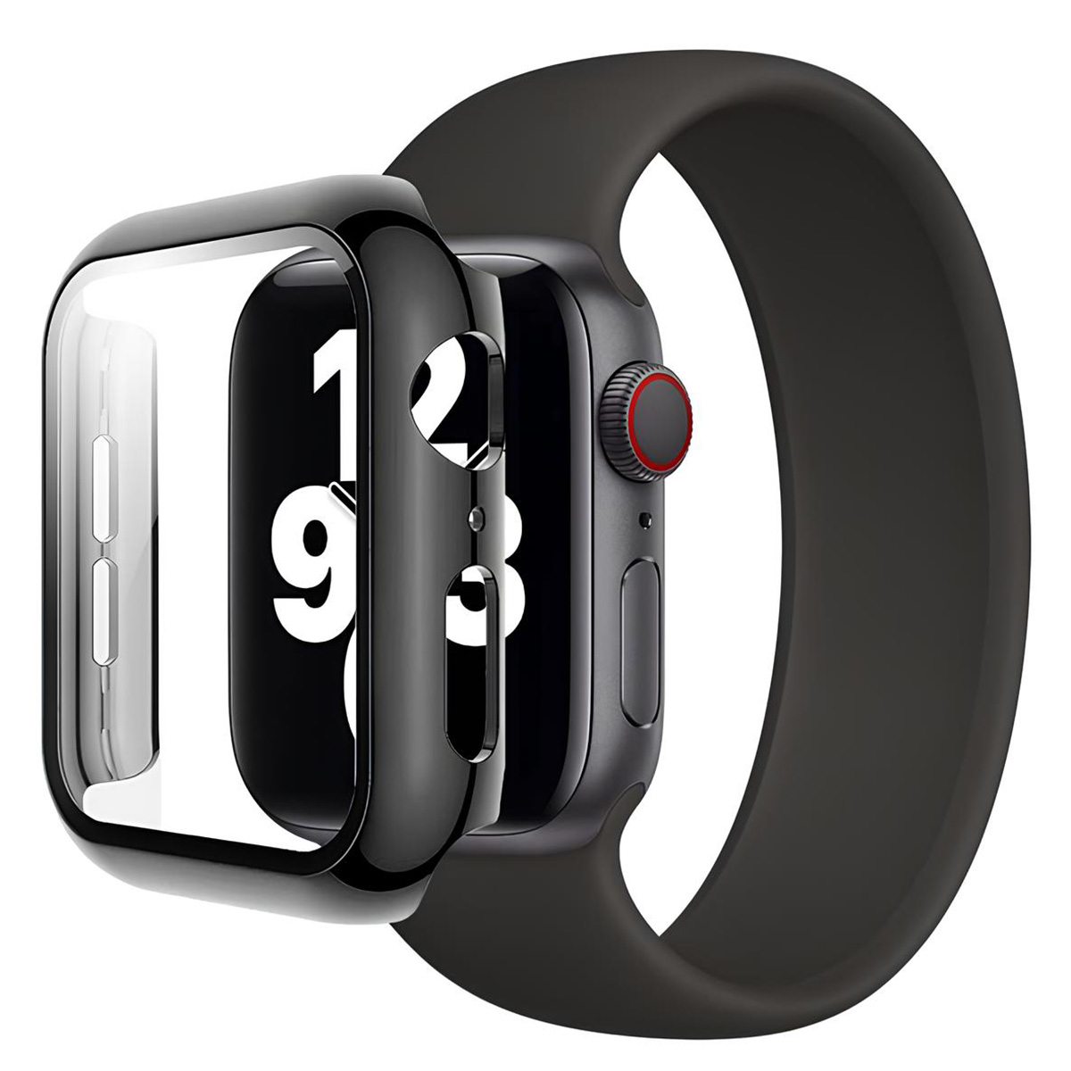 Apple Watch nera con custodia protettiva e cinturino nero. Il quadrante mostra l'ora.