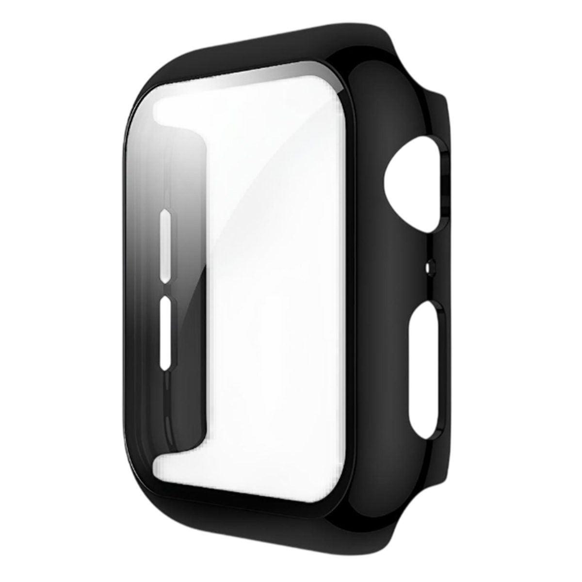 Una custodia per orologio nera con protezione schermo trasparente. La custodia ha aperture per pulsanti e sensori. Sfondo bianco.