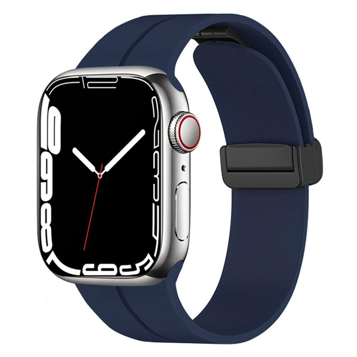 Uno smartwatch argentato con schermo nero che mostra l'ora. Ha un cinturino blu navy con chiusura nera.
