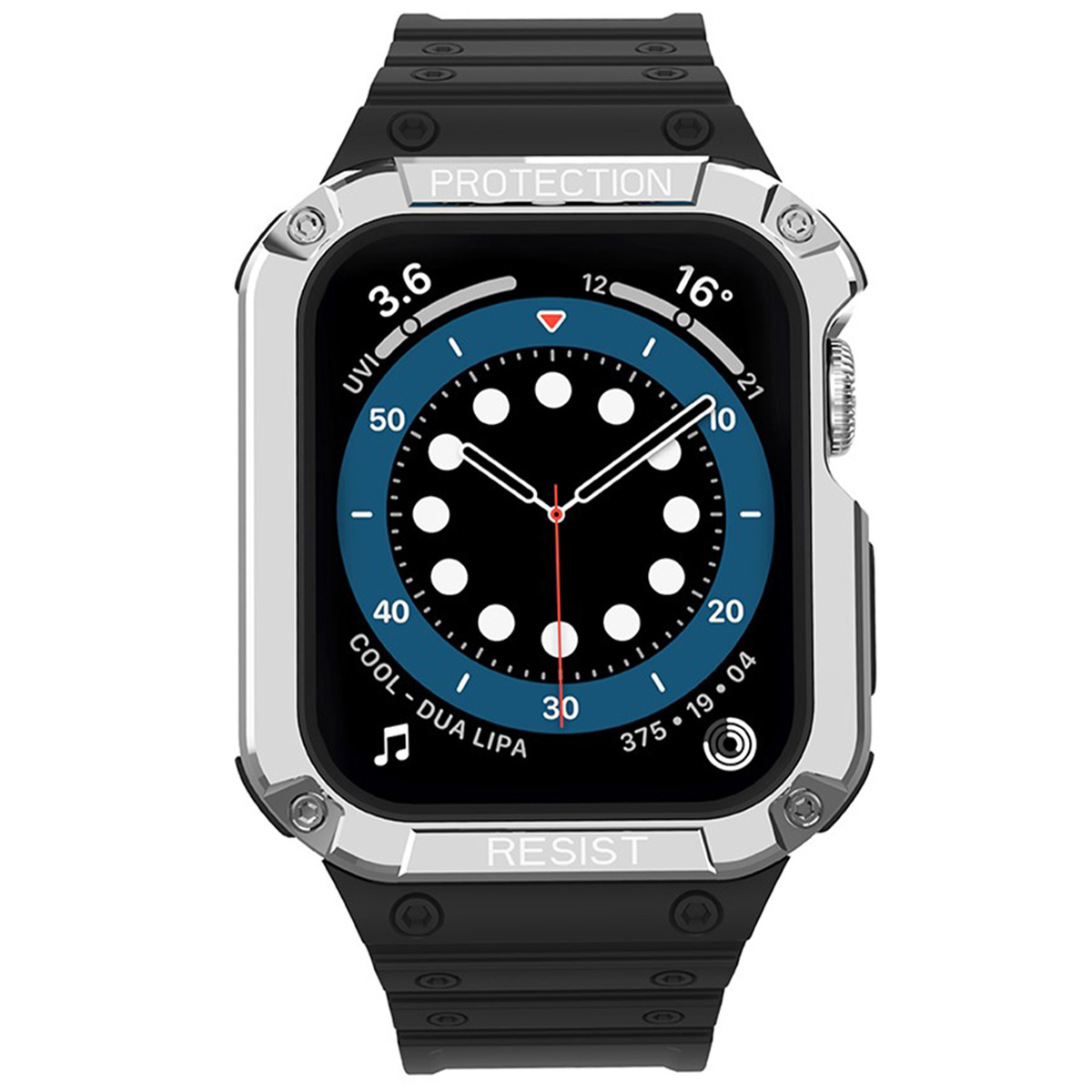 Uno smartwatch con cinturino nero, cassa argentata e quadrante nero e blu. Visualizza ora, temperatura e altri dati.