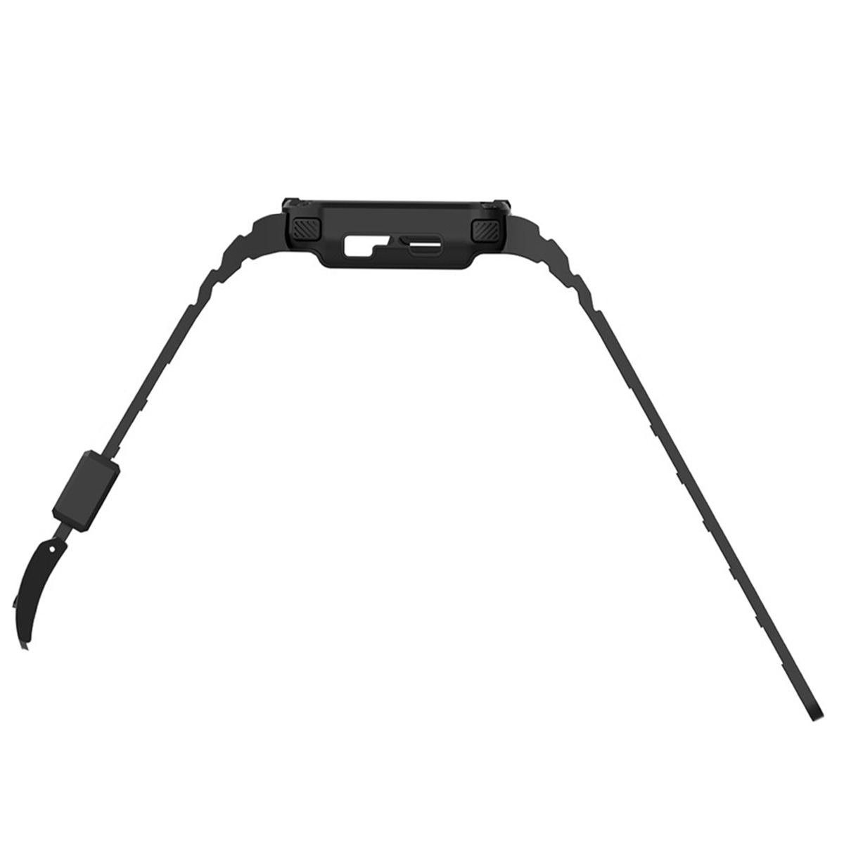 Custodia per smartwatch nera con cinturini collegati. La custodia ha ritagli. I cinturini si estendono verso l'esterno. Sfondo bianco.