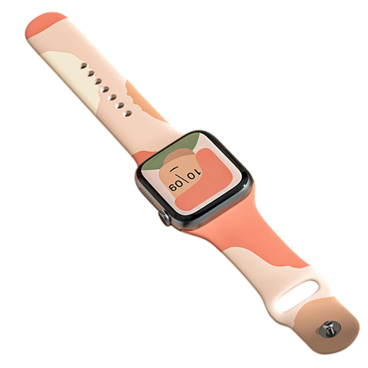 Uno smartwatch con cinturino e quadrante color pesca. L'orologio mostra la data e l'ora. Il cinturino ha un motivo a forma di pesca chiara e scura.