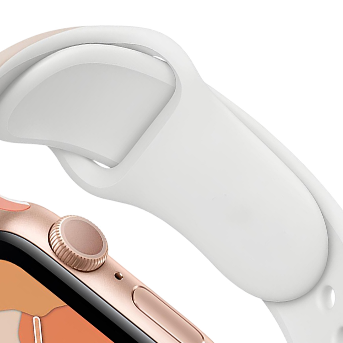 Primo piano di un Apple Watch oro rosa con cinturino bianco. La corona e il pulsante laterale sono visibili. Il cinturino è curvo.
