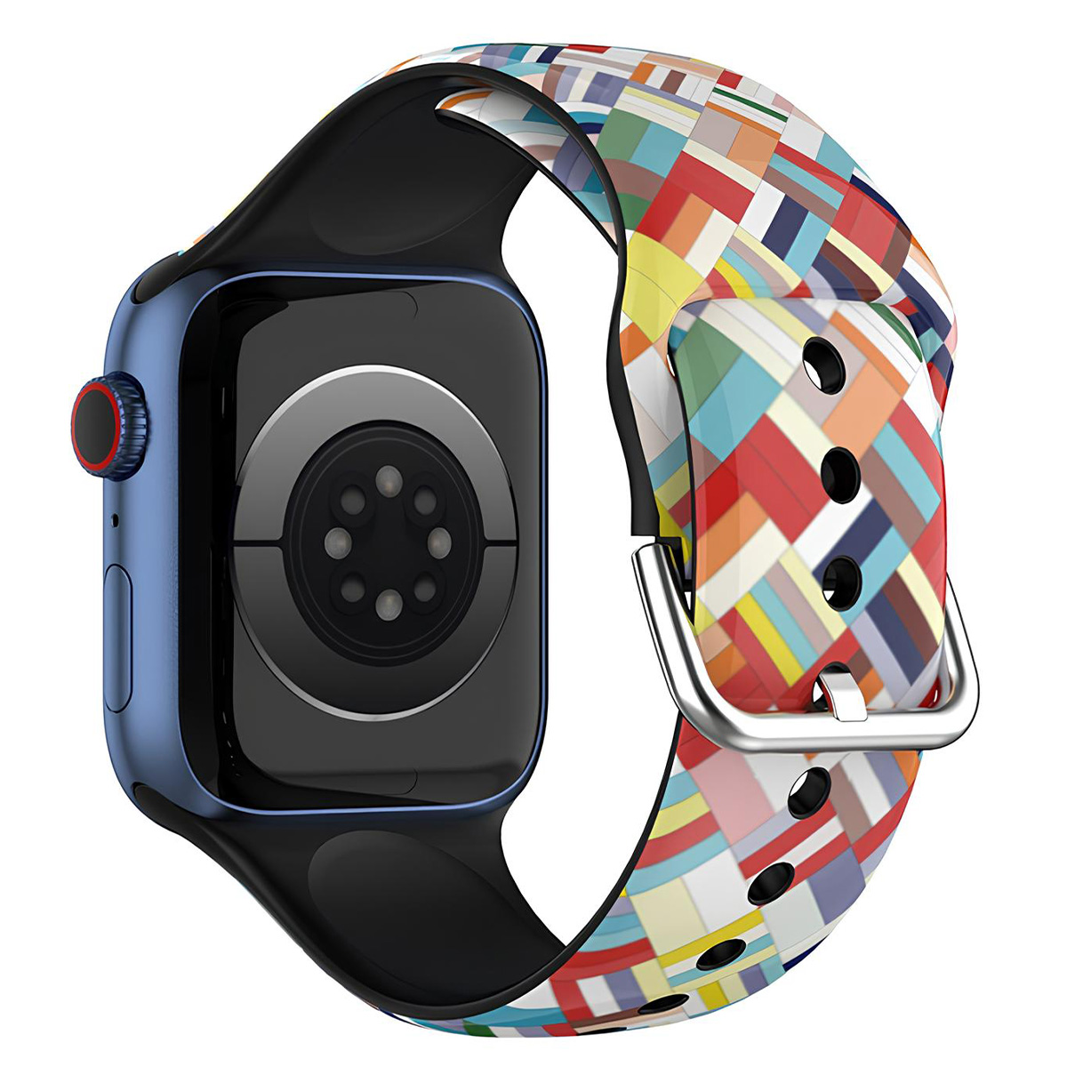Smartwatch blu con cinturino colorato. Il cinturino ha un motivo geometrico di vari colori. L'orologio è su sfondo bianco.