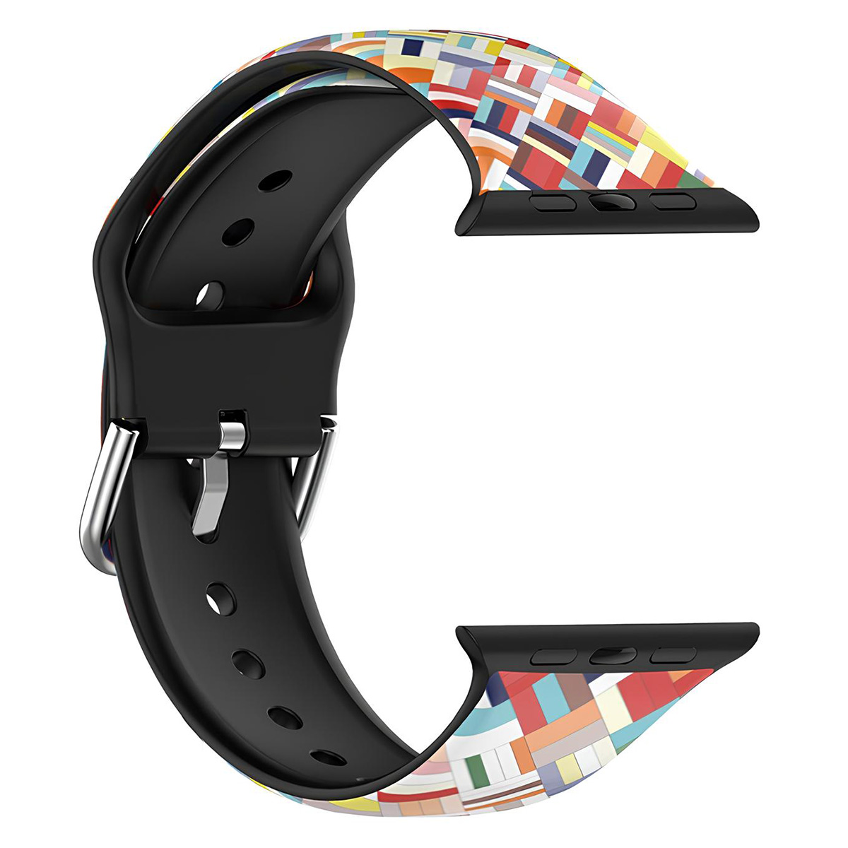 Cinturino nero e colorato. Il cinturino ha un motivo geometrico di vari colori. Ha anche una chiusura argentata.
