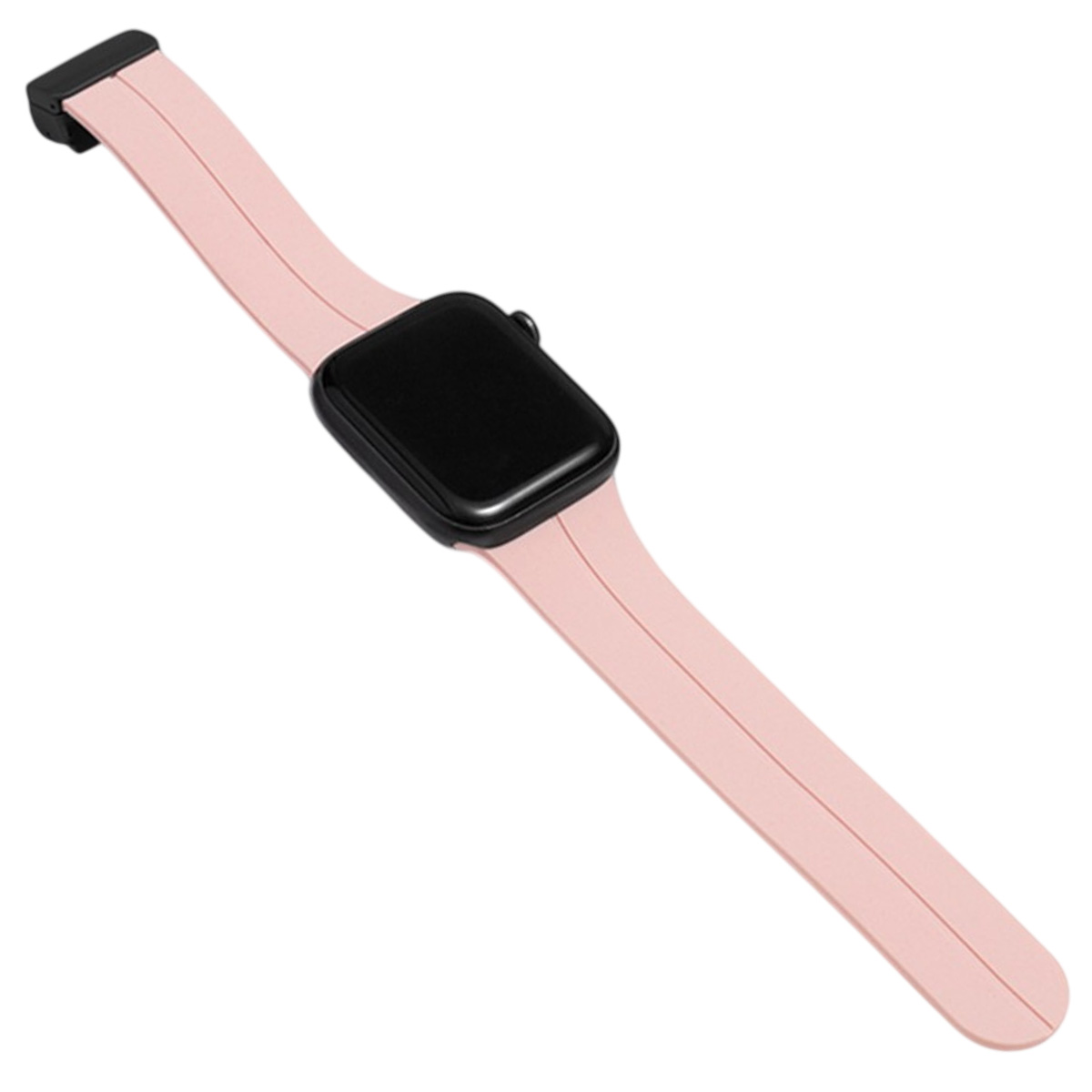 Uno smartwatch con schermo nero e cinturino rosa chiaro su sfondo bianco.