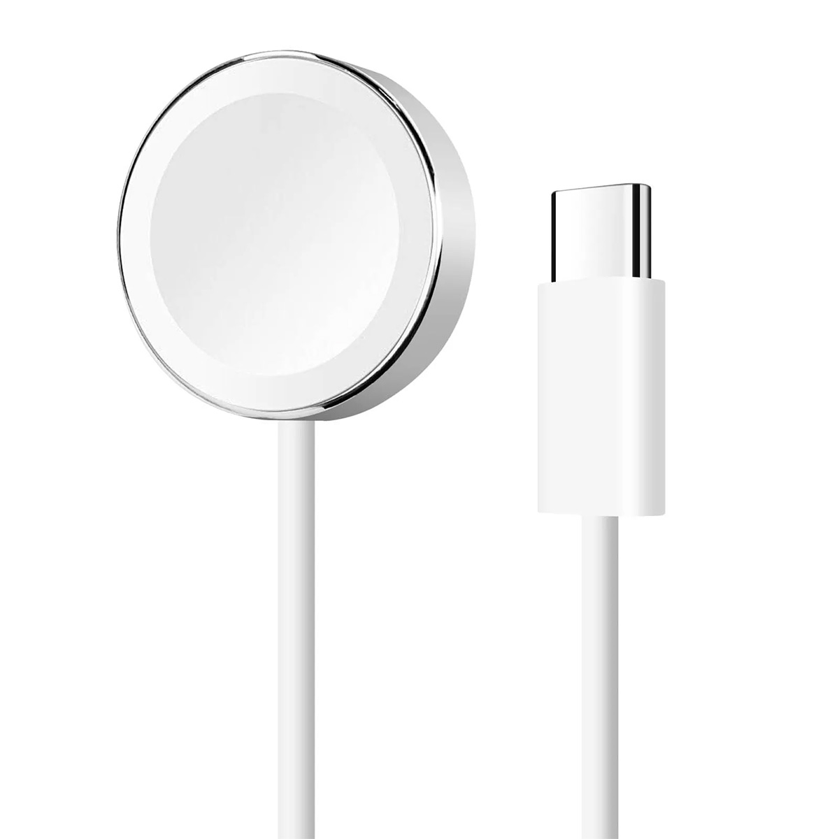 Caricatore bianco per Apple Watch. Include il caricatore rotondo e un cavo USB-C. Sfondo bianco.