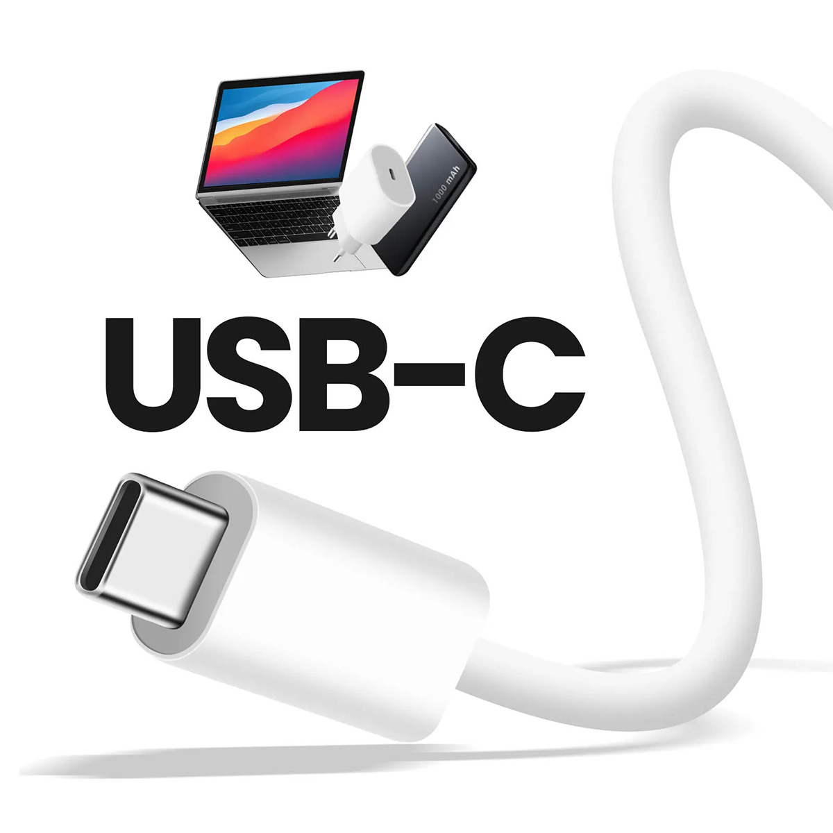 L'immagine mostra un cavo USB-C, un laptop, un caricatore e un power bank. Il testo 'USB-C' è al centro. Elementi su sfondo bianco.
