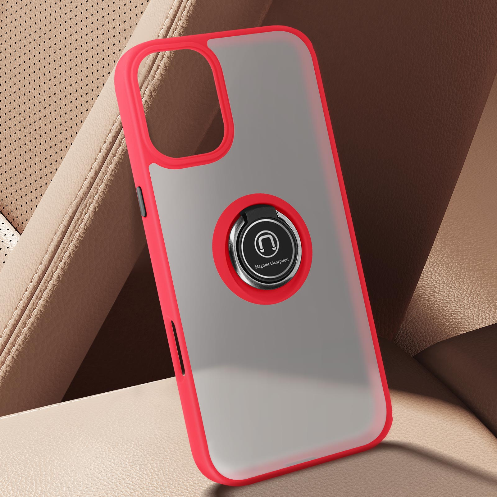 Una custodia per telefono con cornice rossa e anello di supporto è su un sedile in pelle dell'auto.