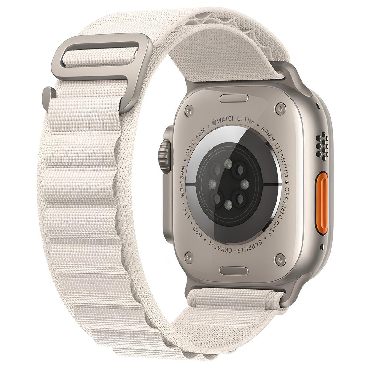 Apple Watch Ultra plateado con correa beige. Características incluyen 'Watch Ultra', '49mm Titanium' y botón lateral naranja.