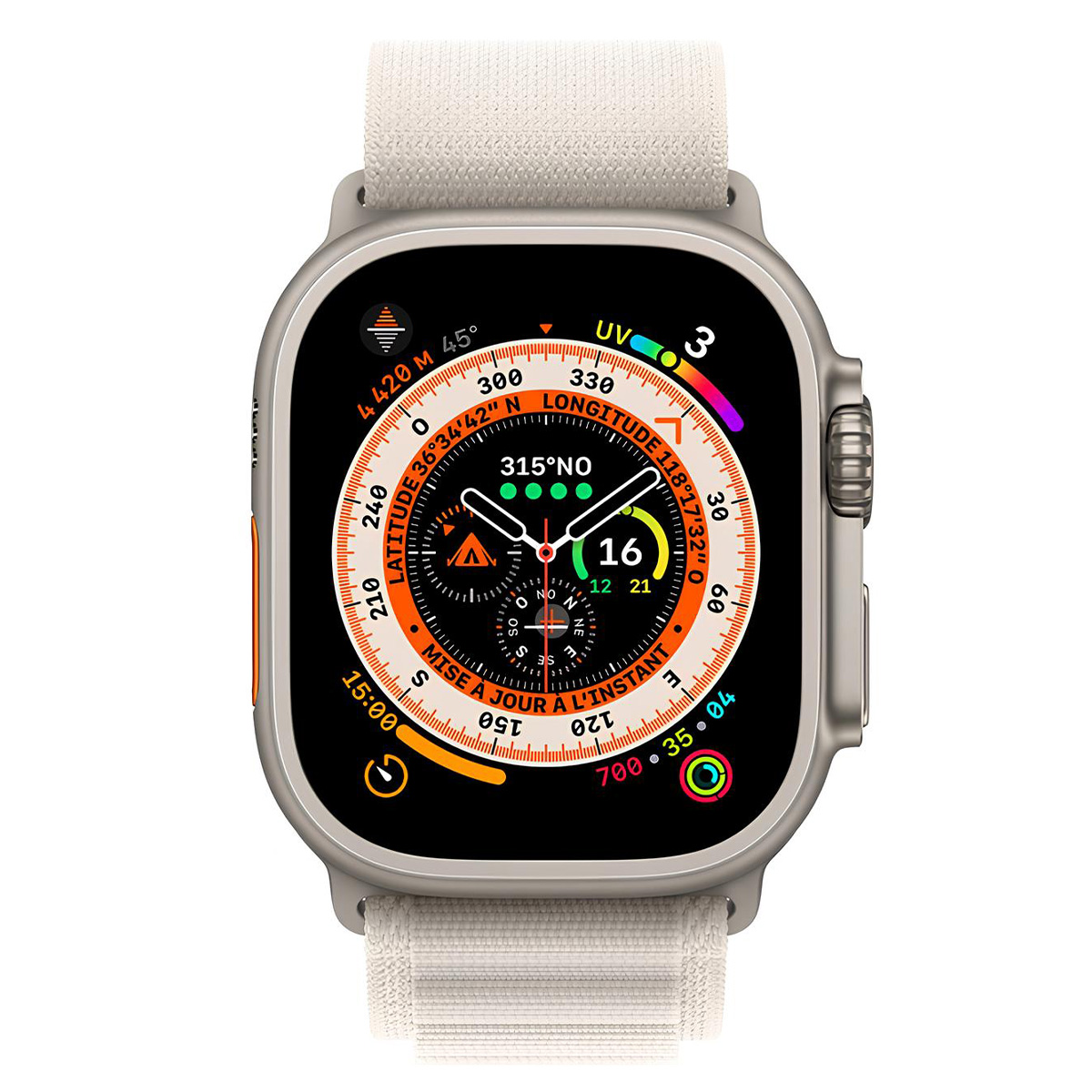 Primer plano de un reloj inteligente con correa blanca. La esfera muestra varias métricas y la hora: 16:00. El reloj es de color plateado.