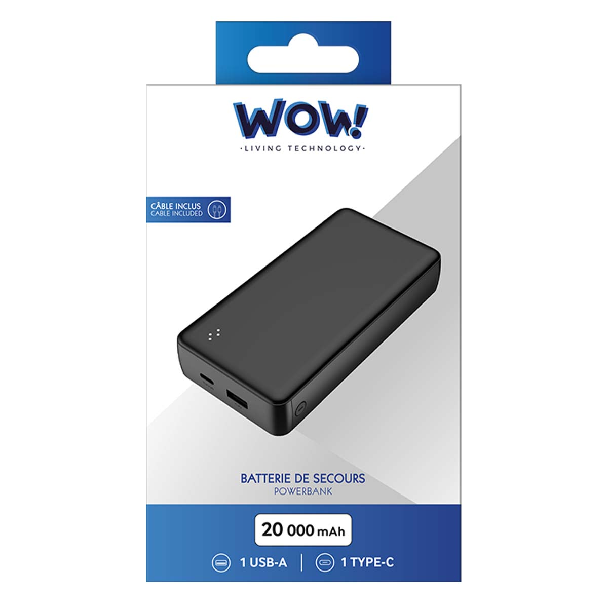 Une batterie externe noire est présentée sur une boîte blanche et bleue. Le texte indique 'Wow! Living Technology'. Il comprend 'Câble inclus', 20000 mAh.