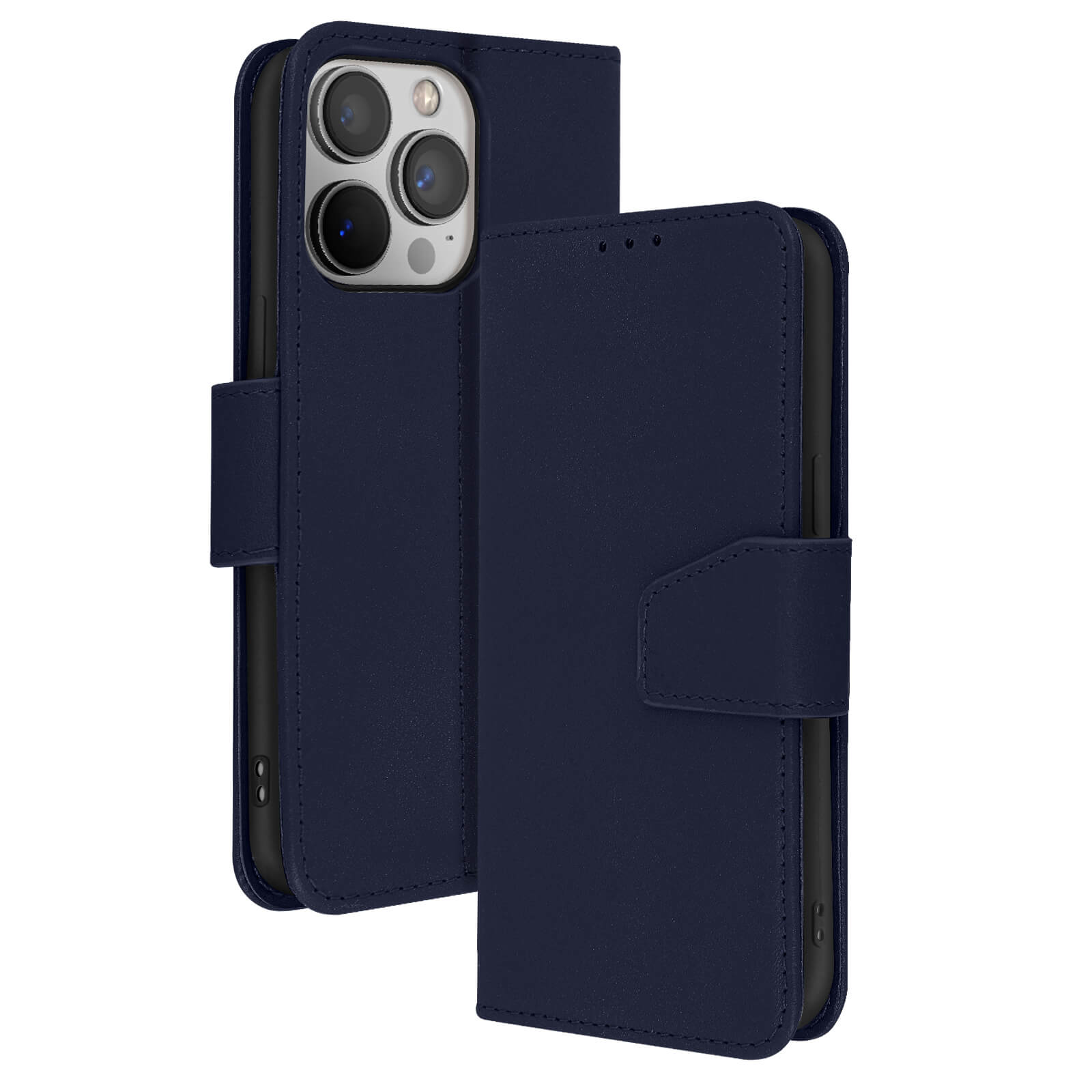Una custodia per telefono blu navy in stile portafoglio, aperta e chiusa. La custodia ha una chiusura magnetica e spazio per le carte.
