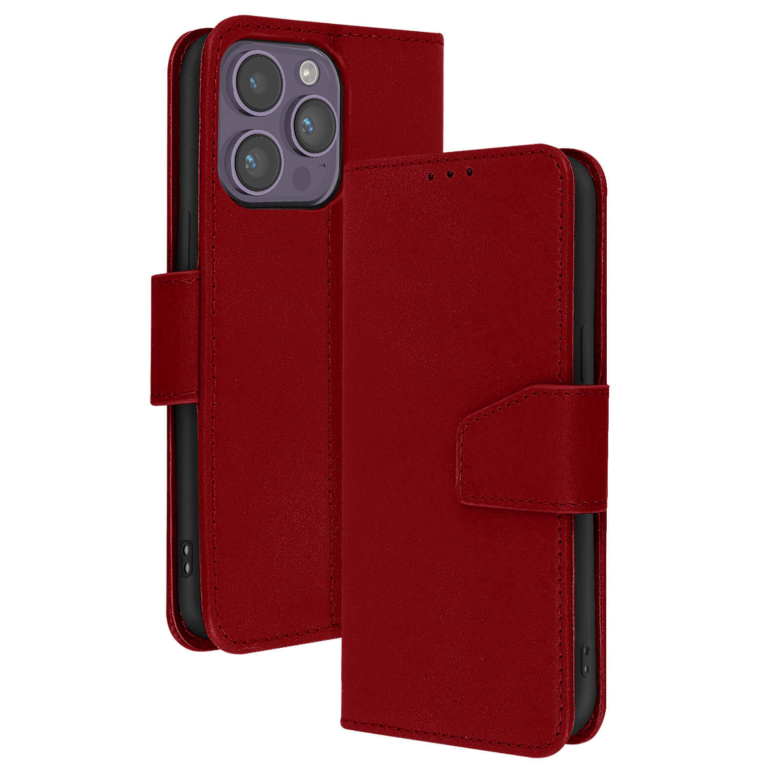 Una custodia per telefono in pelle rossa, aperta e chiusa, che mostra il modulo fotocamera. Sfondo bianco.