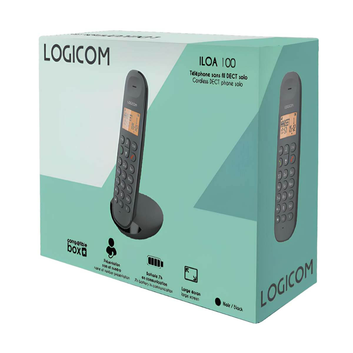 Una caja con un teléfono encima. La caja tiene la marca LOGICOM. El teléfono es negro.