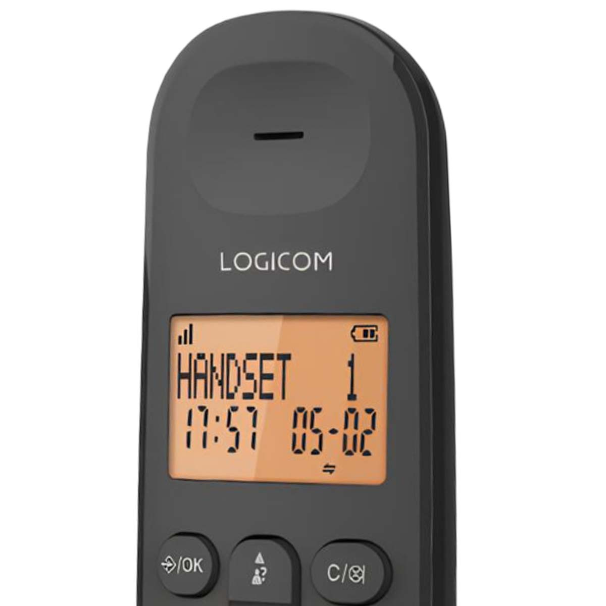 Teléfono LogiCom negro que muestra 'HANDSET', hora y fecha. Los botones en la parte inferior incluyen 'OK' y 'C/O'.