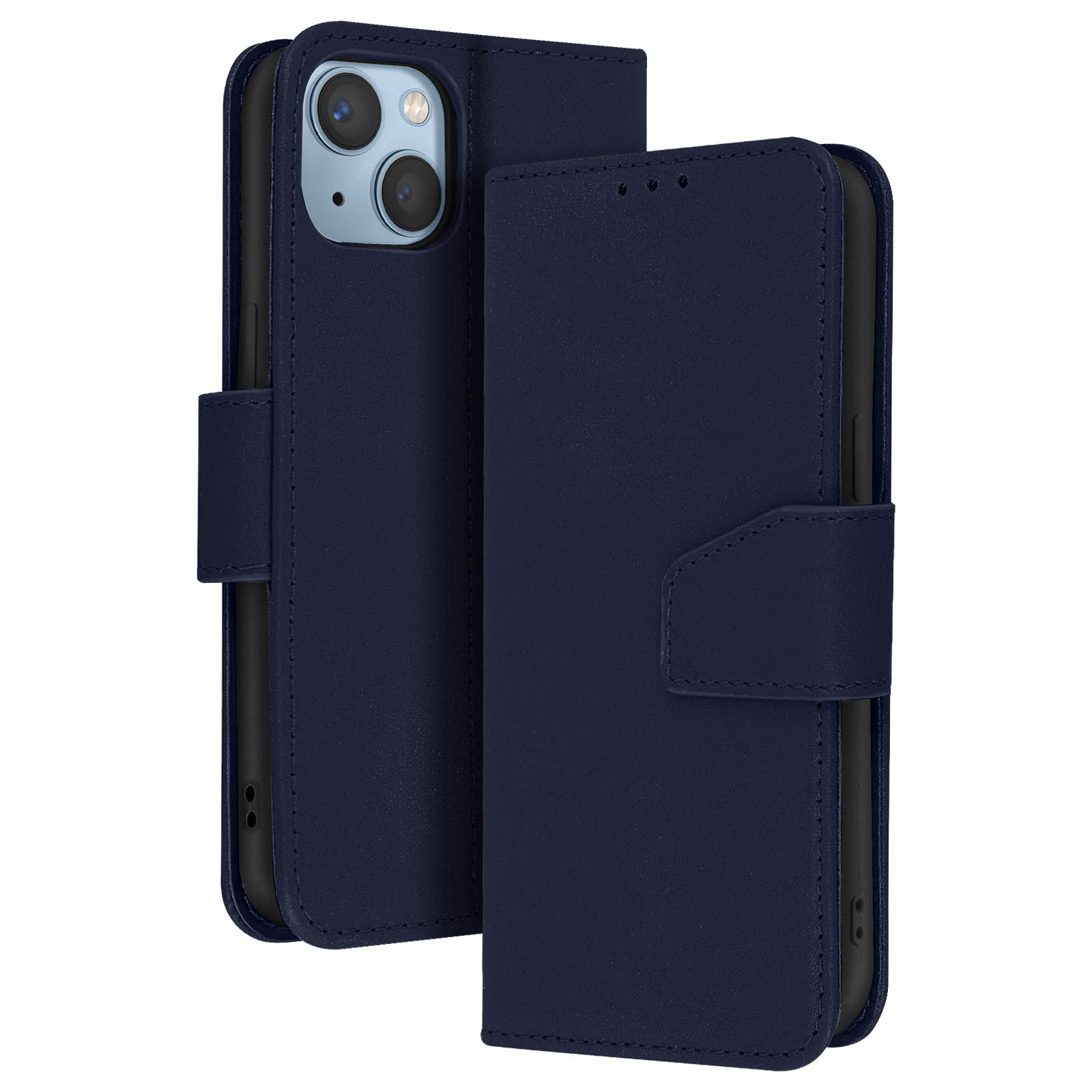 Custodia per telefono blu navy, aperta per rivelare il telefono. Dispone di una chiusura magnetica e bordi cuciti. Contiene fotocamere del telefono.