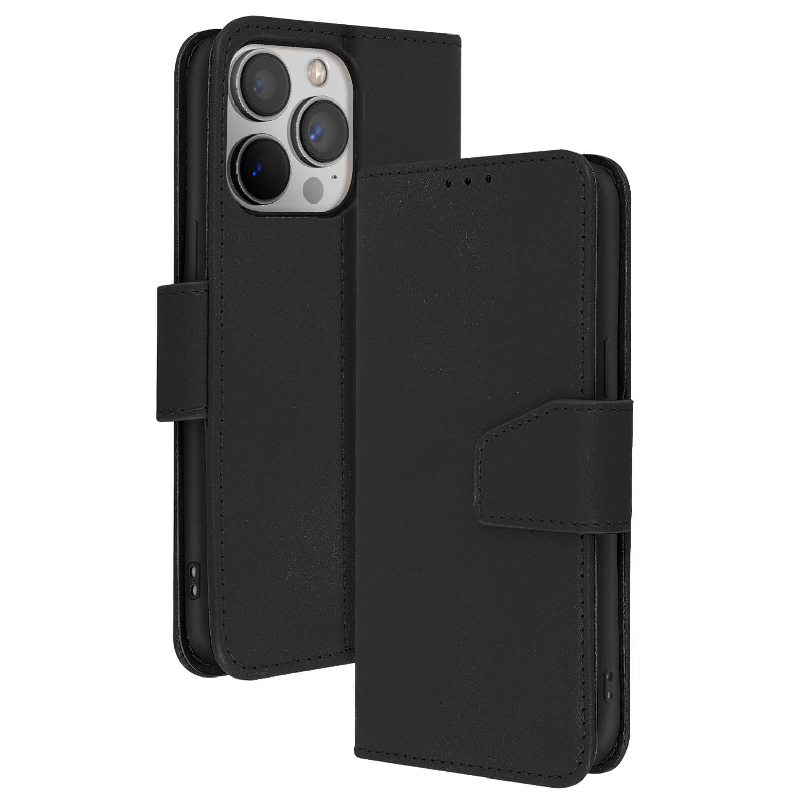 Custodia per telefono in pelle nera, con chiusura magnetica, che protegge il telefono. Il telefono ha tre fotocamere.
