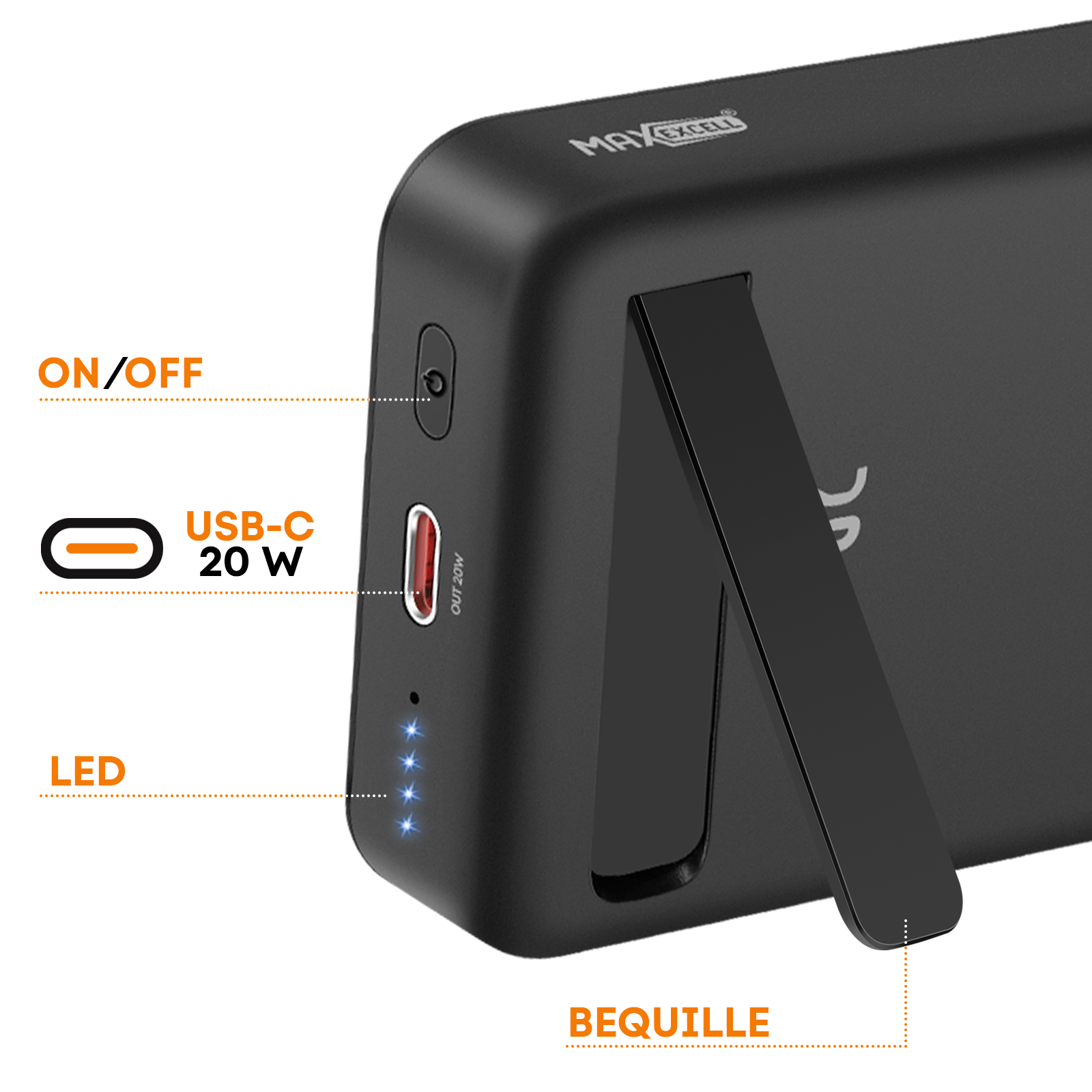 Power bank nera con porta USB-C, uscita 20W, indicatori LED e cavalletto. Le etichette indicano caratteristiche e marchio.
