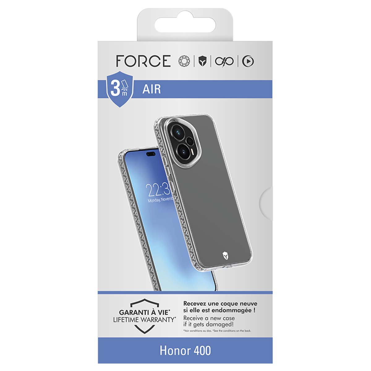 Una confezione di custodia per telefono con un telefono all'interno. Il telefono mostra l'ora 22:30. La confezione contiene testi come 'FORCE AIR' e 'LIFETIME WARRANTY'.