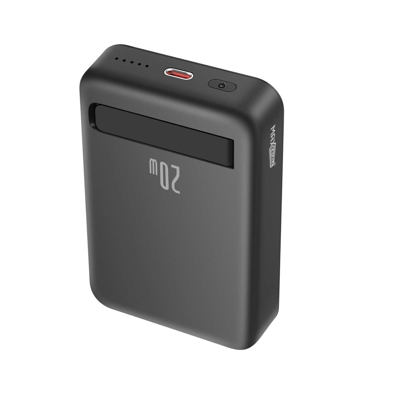 Un power bank grigio scuro con 20W stampati. Ha un pulsante di accensione, porte di ricarica e spie di stato.