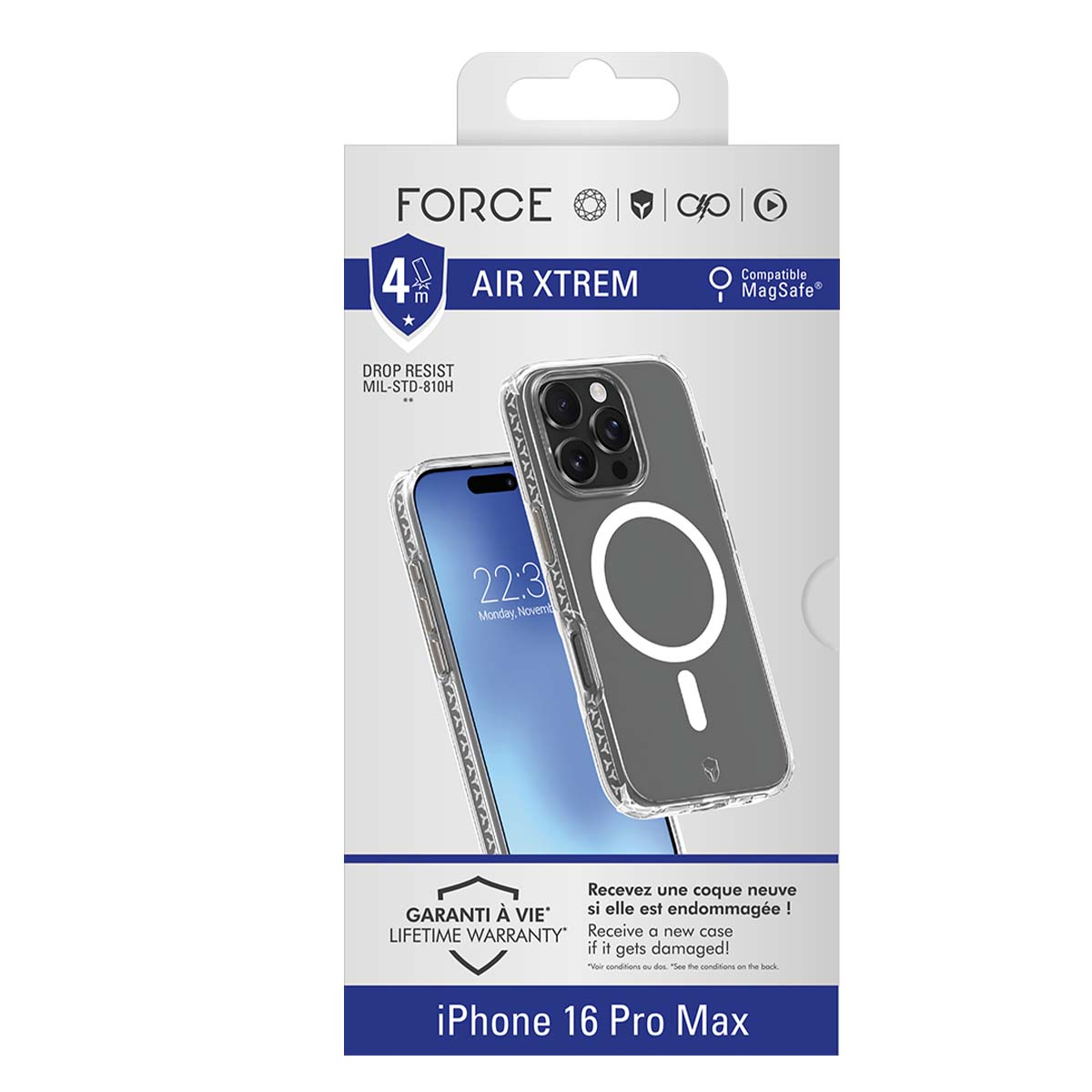 Una scatola di custodia per telefono. Mostra un telefono all'interno della custodia. La custodia è trasparente e ha un anello MagSafe. La scatola dice 'iPhone 16 Pro Max'.