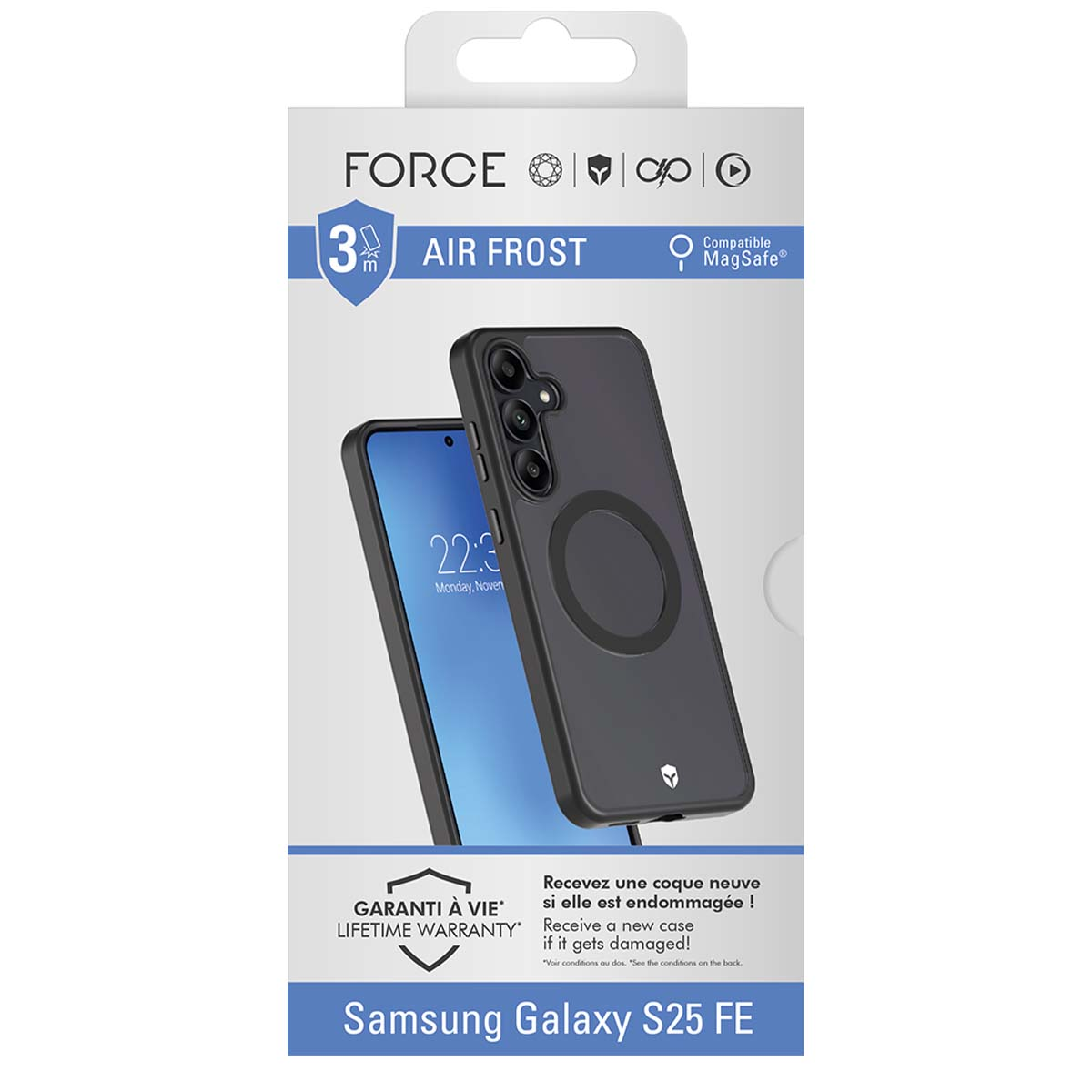 Sono mostrati una custodia e un telefono. La custodia è nera, con un anello MagSafe. Lo schermo mostra l'ora e la data. Il prodotto è per Samsung S25 FE.