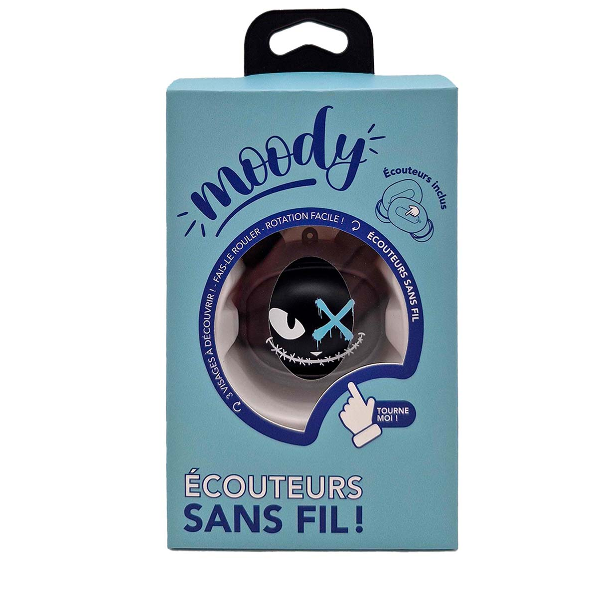 Una scatola di auricolari wireless 'moody'. La scatola è blu, con un design di auricolari neri con una x sugli occhi. Il testo include 'écouteurs sans fil'.