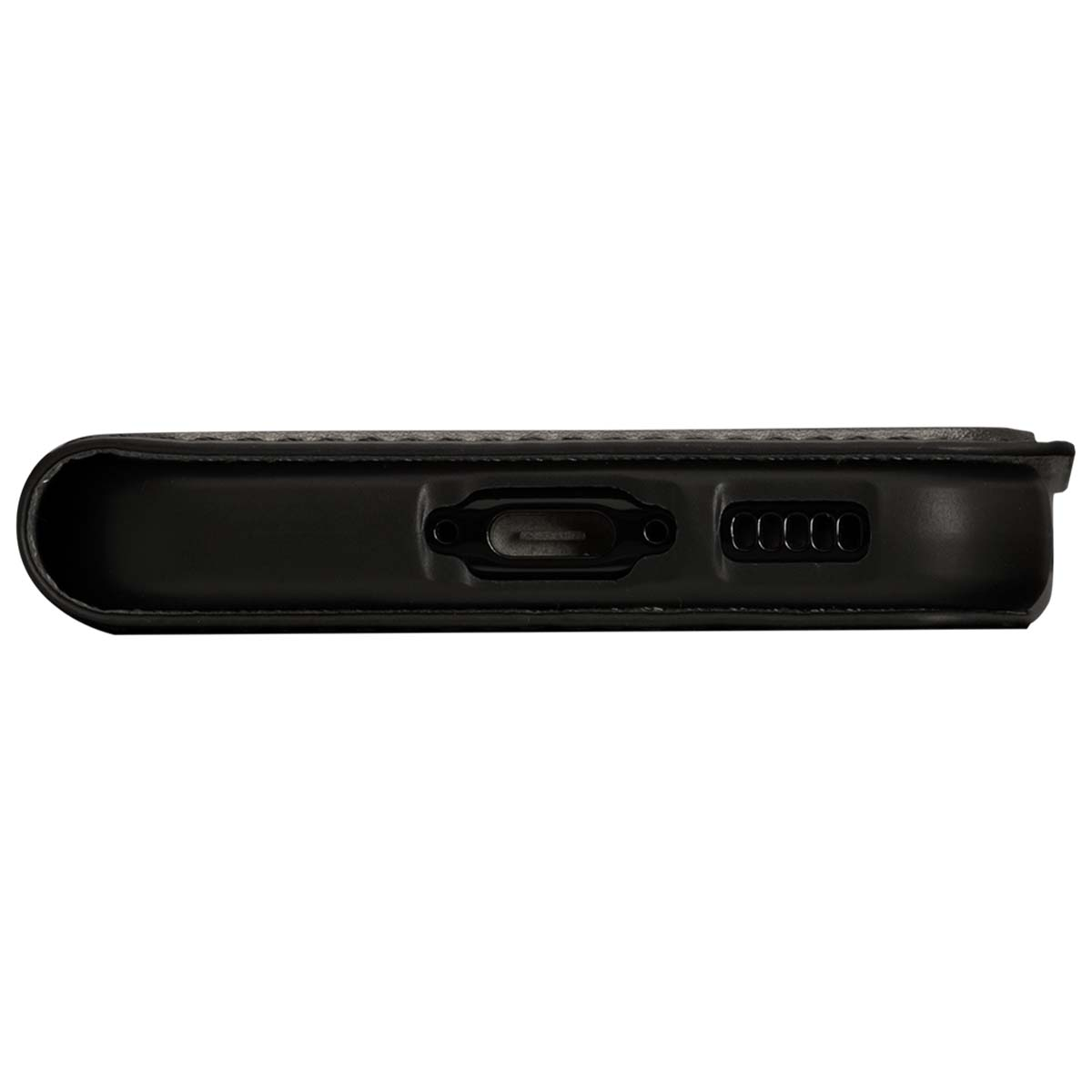 Lato della custodia del telefono nero, con porta di ricarica e fori per altoparlanti, isolato su sfondo bianco.
