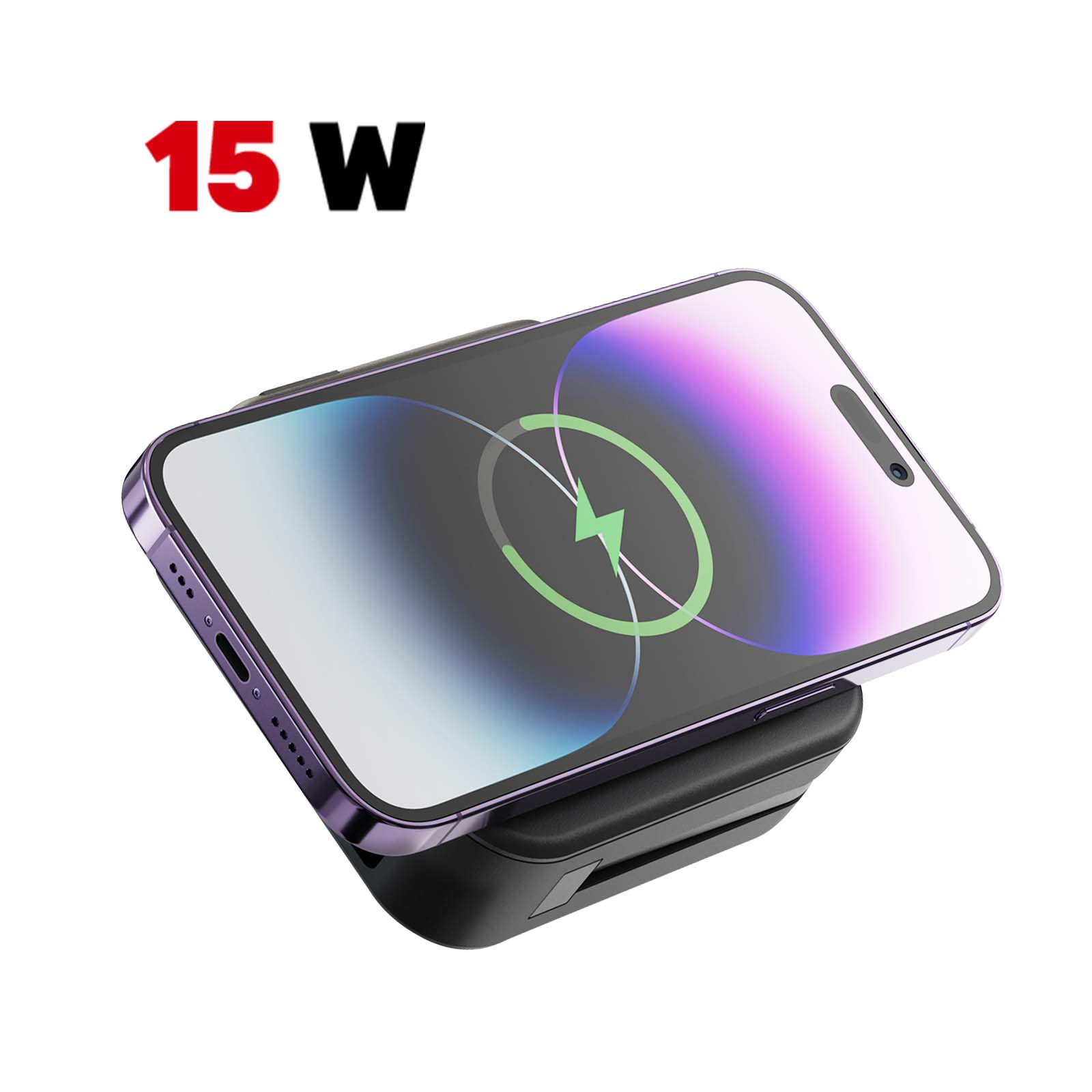 Un teléfono se carga de forma inalámbrica en una base negra. La pantalla del teléfono muestra un símbolo de carga.